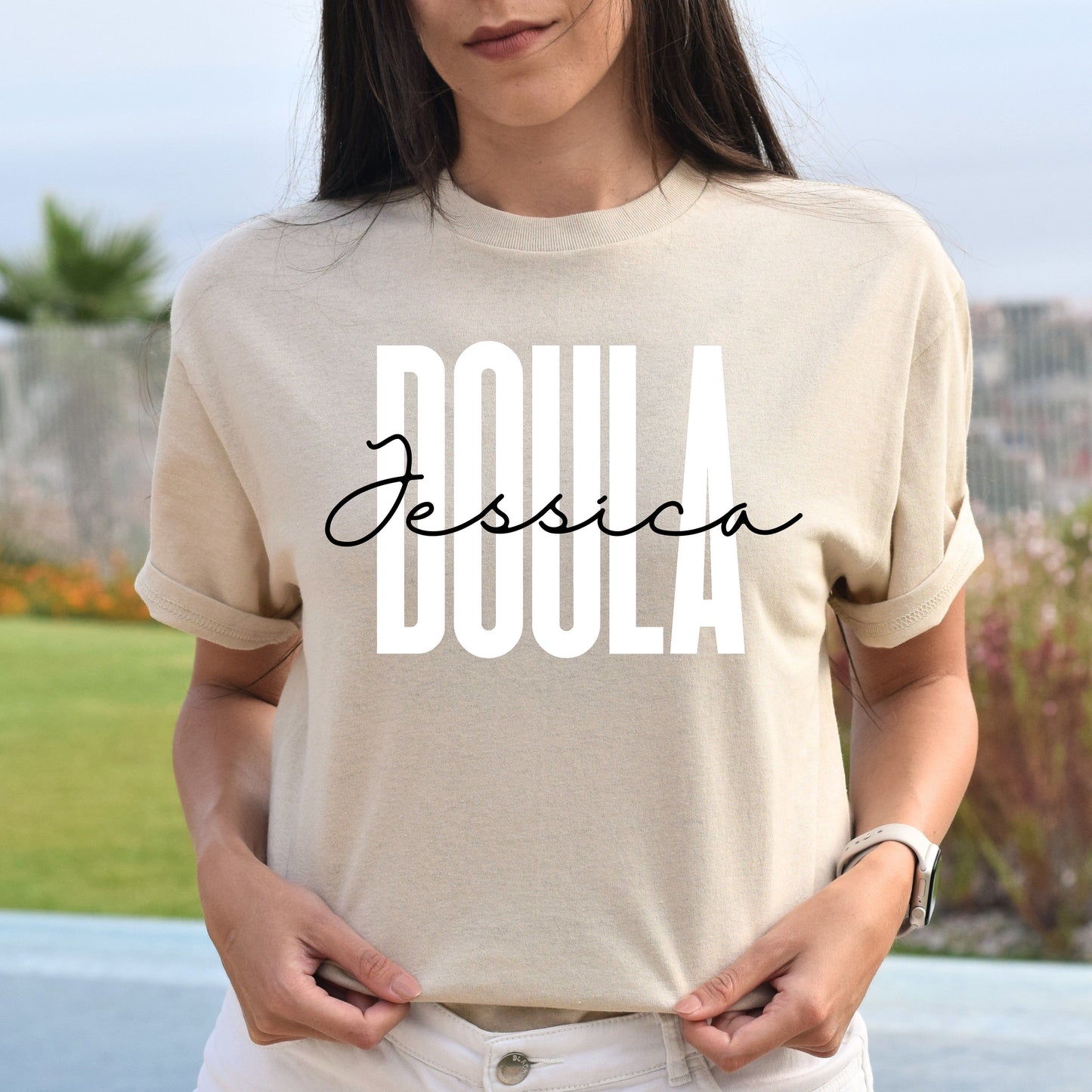 Personalized Doula Unisex T-shirt gift for doula Sand Pink Light Blue-Sand-Family-Gift-Planet