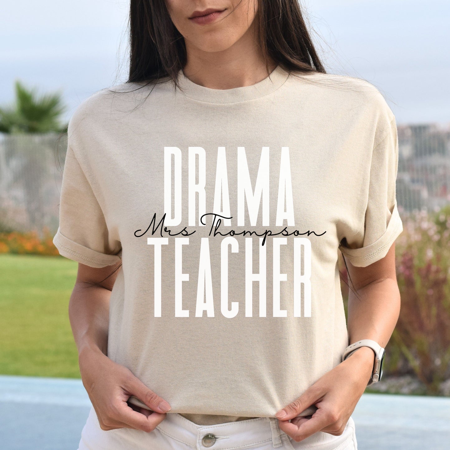 Personalized Drama teacher Unisex T-shirt Custom name theater teacher Sand Blue Pink-Sand-Family-Gift-Planet
