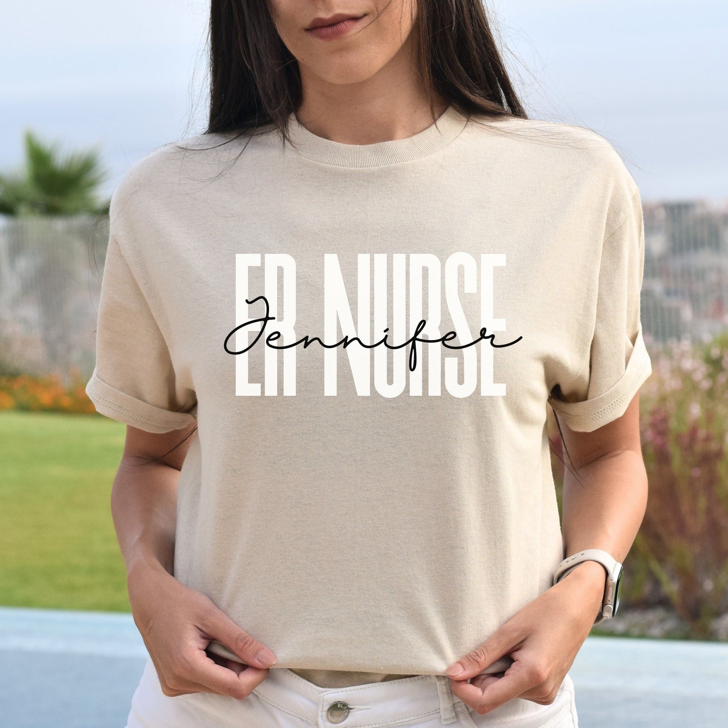 Personalized ER nurse Unisex T-shirt Custom Name emergency rn Sand Blue Pink-Sand-Family-Gift-Planet