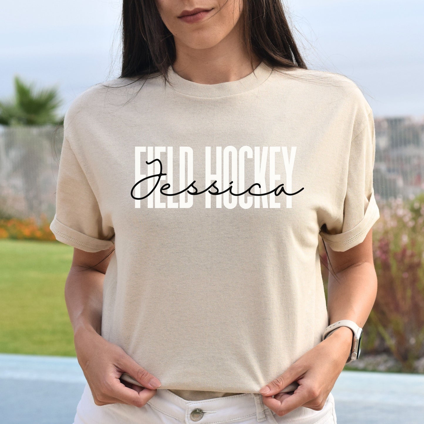 Personalized Field hockey Unisex T-shirt Custom Name Hockey player tee Sand Blue Pink-Sand-Family-Gift-Planet