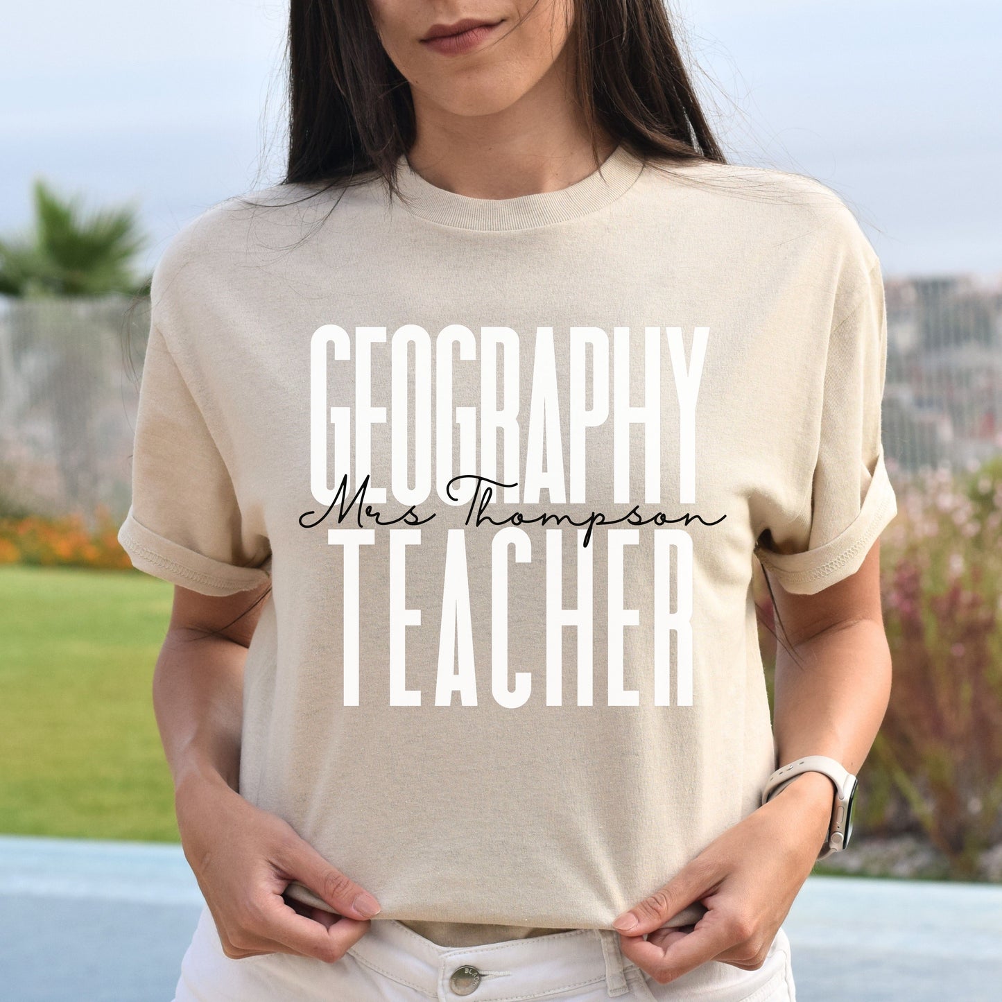 Personalized Geography teacher Unisex T-shirt Custom Name Sand Blue Pink-Sand-Family-Gift-Planet