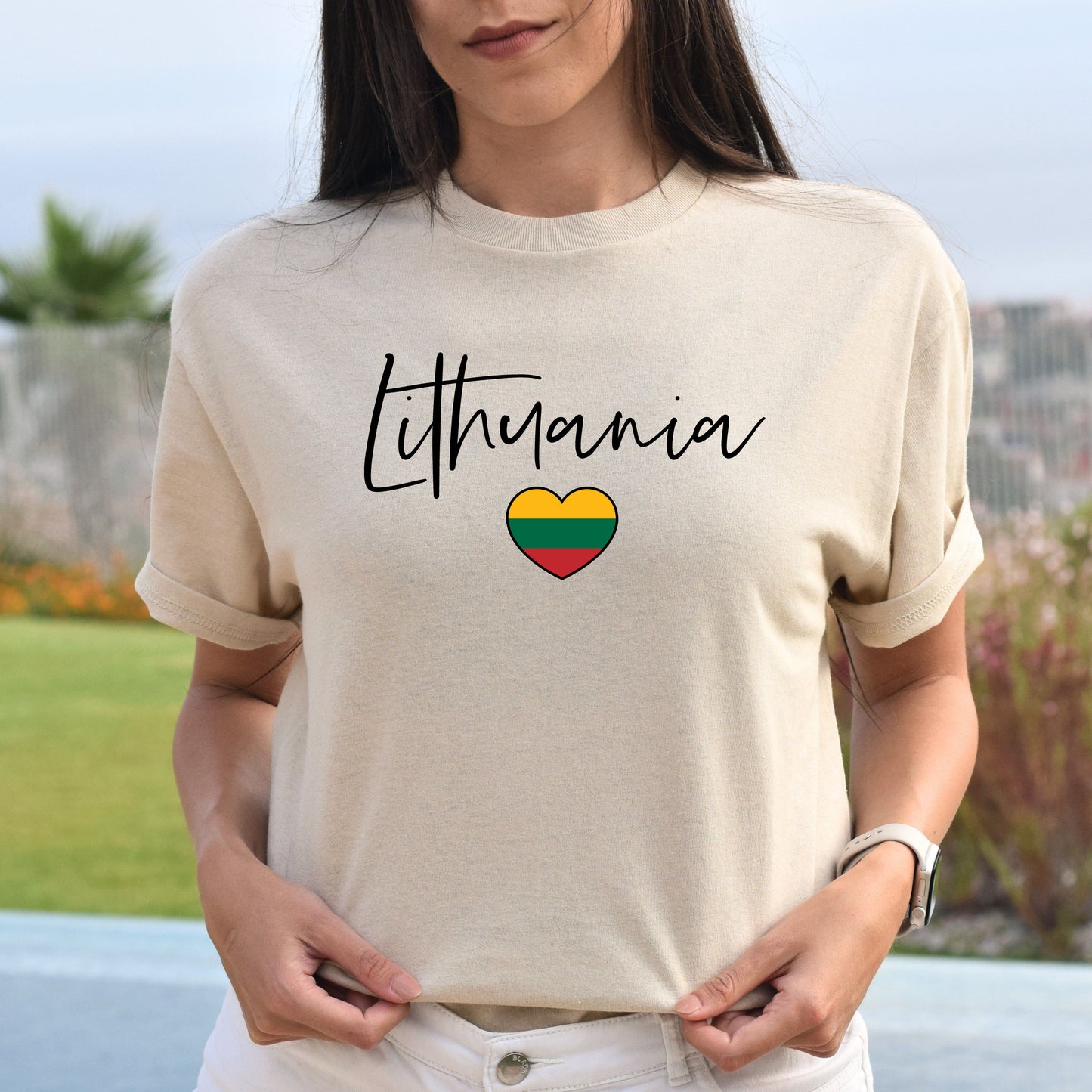 Lithuania flag heart Unisex T-shirt Lithuania love tee White Sand Blue-Sand-Family-Gift-Planet