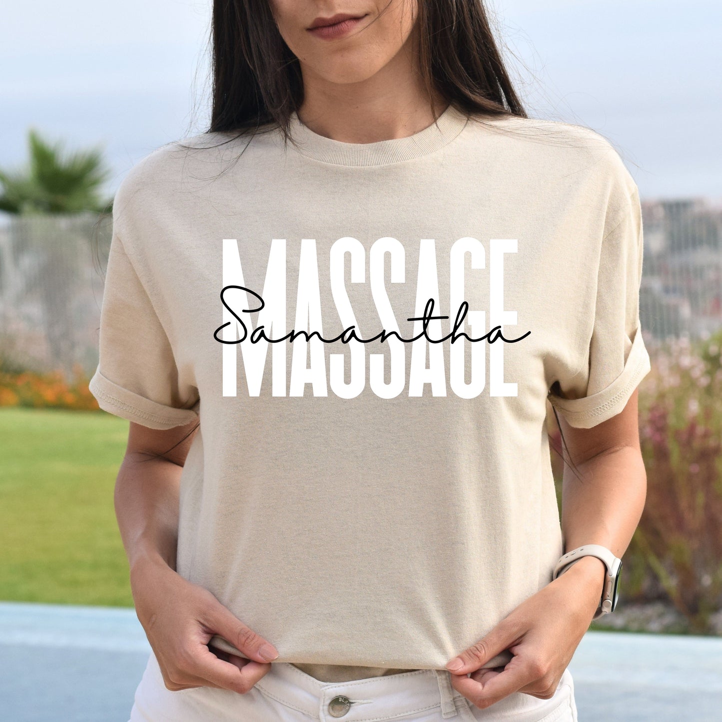 Personalized Massage Unisex T-shirt gift for massage therapist Sand Pink Light Blue-Sand-Family-Gift-Planet