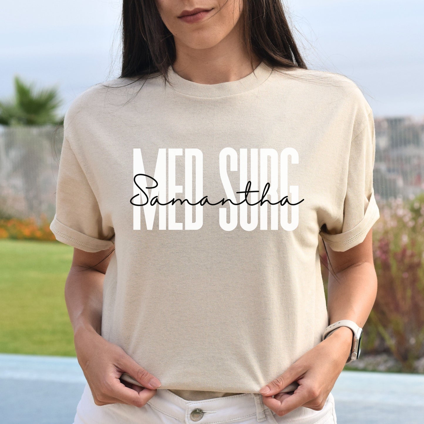 Personalized Med surg T-Shirt gift Custom name Medical Surgical Nurse Unisex Tee Sand Pink Blue-Sand-Family-Gift-Planet