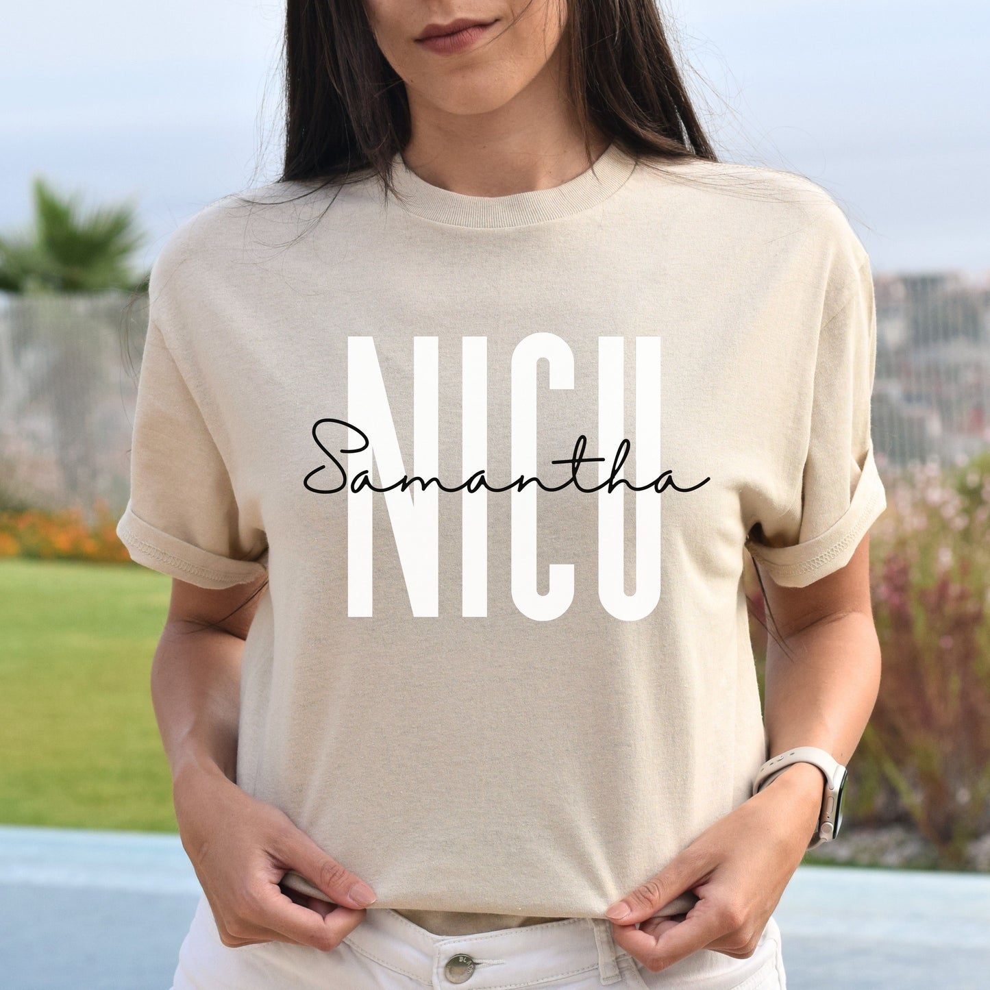 Personalized NICU T-Shirt gift Custom name Neonatal Intensive Care nurse Unisex Tee Sand Pink Blue-Sand-Family-Gift-Planet