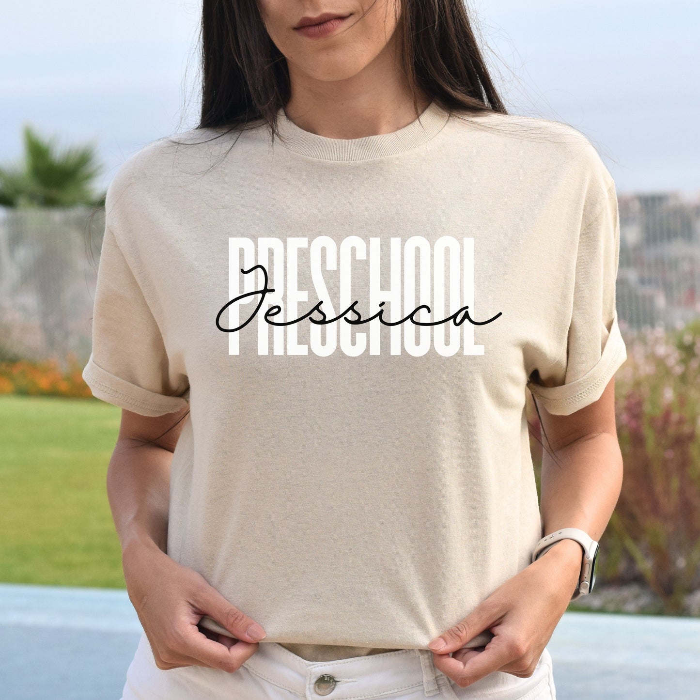 Personalized Preschool T-shirt gift Custom name Preschool teacher Kindergarten Unisex Tee Sand Pink Light Blue-Sand-Family-Gift-Planet