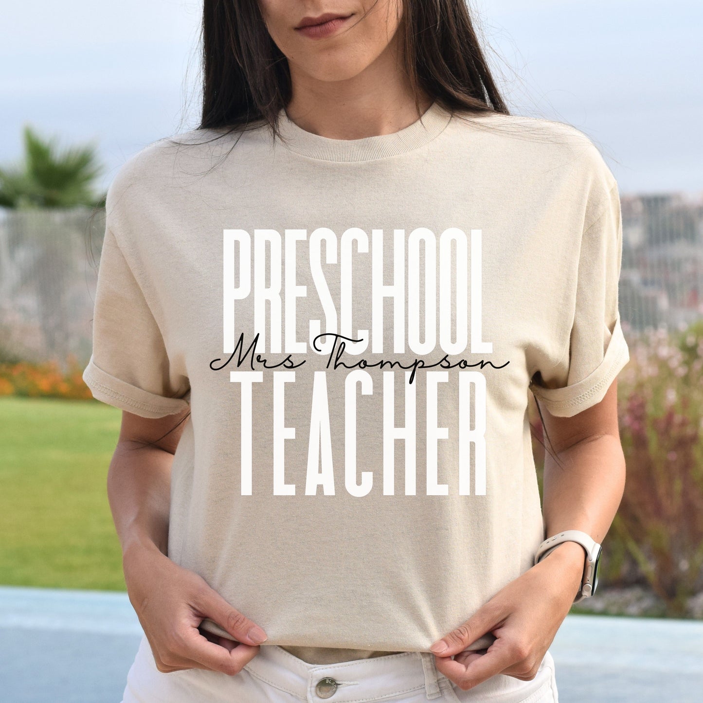 Personalized preschool teacher T-shirt gift Custom name kindergarten teacher Unisex Tee Sand Pink Light Blue-Sand-Family-Gift-Planet