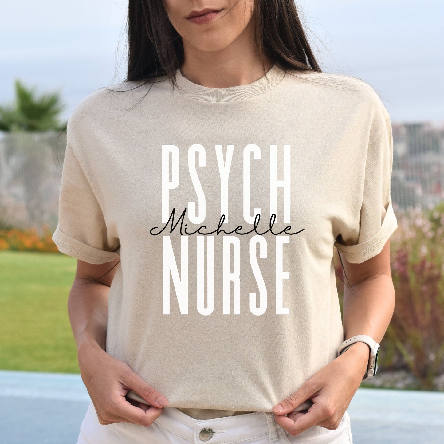 Personalized psych nurse T-shirt gift Custom name Mental health Psychiatric nurse Unisex Tee Sand Pink Light Blue-Sand-Family-Gift-Planet