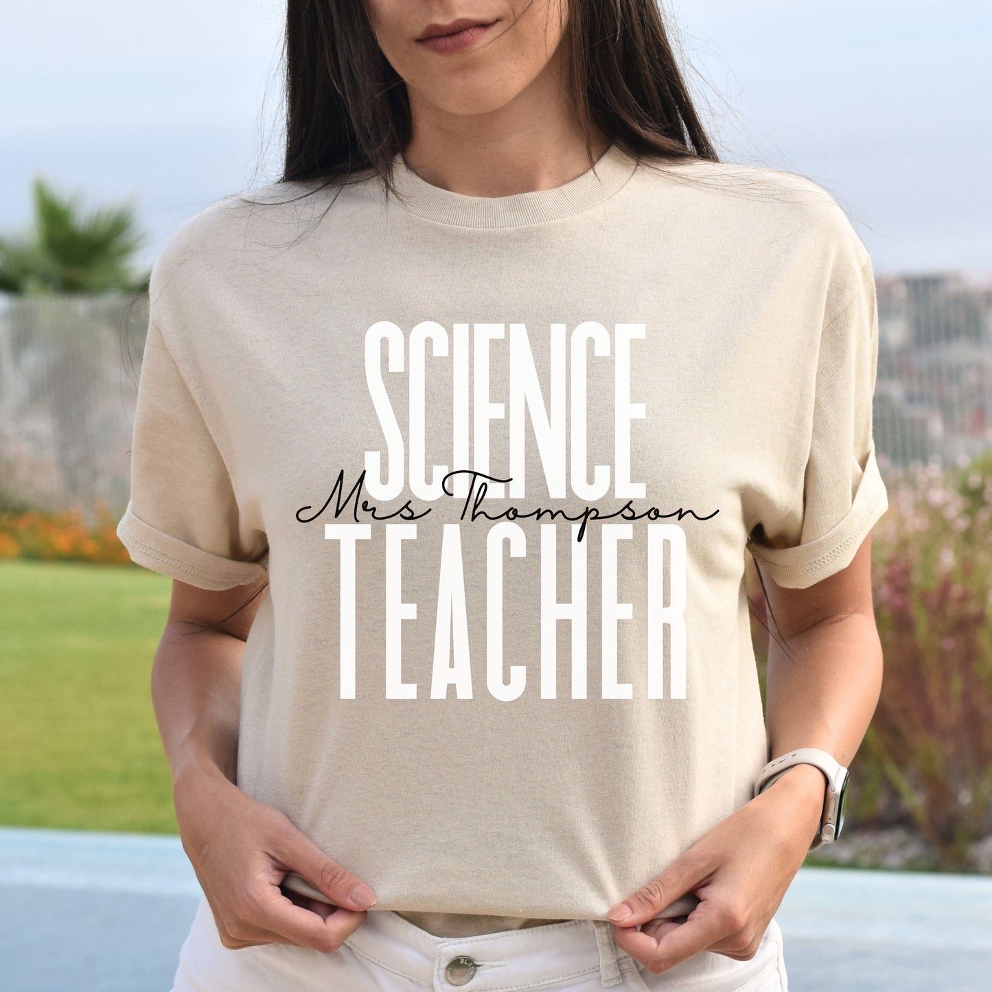 Personalized Science teacher T-shirt gift Custom name School Scientist Unisex Tee Sand Pink Light Blue-Sand-Family-Gift-Planet