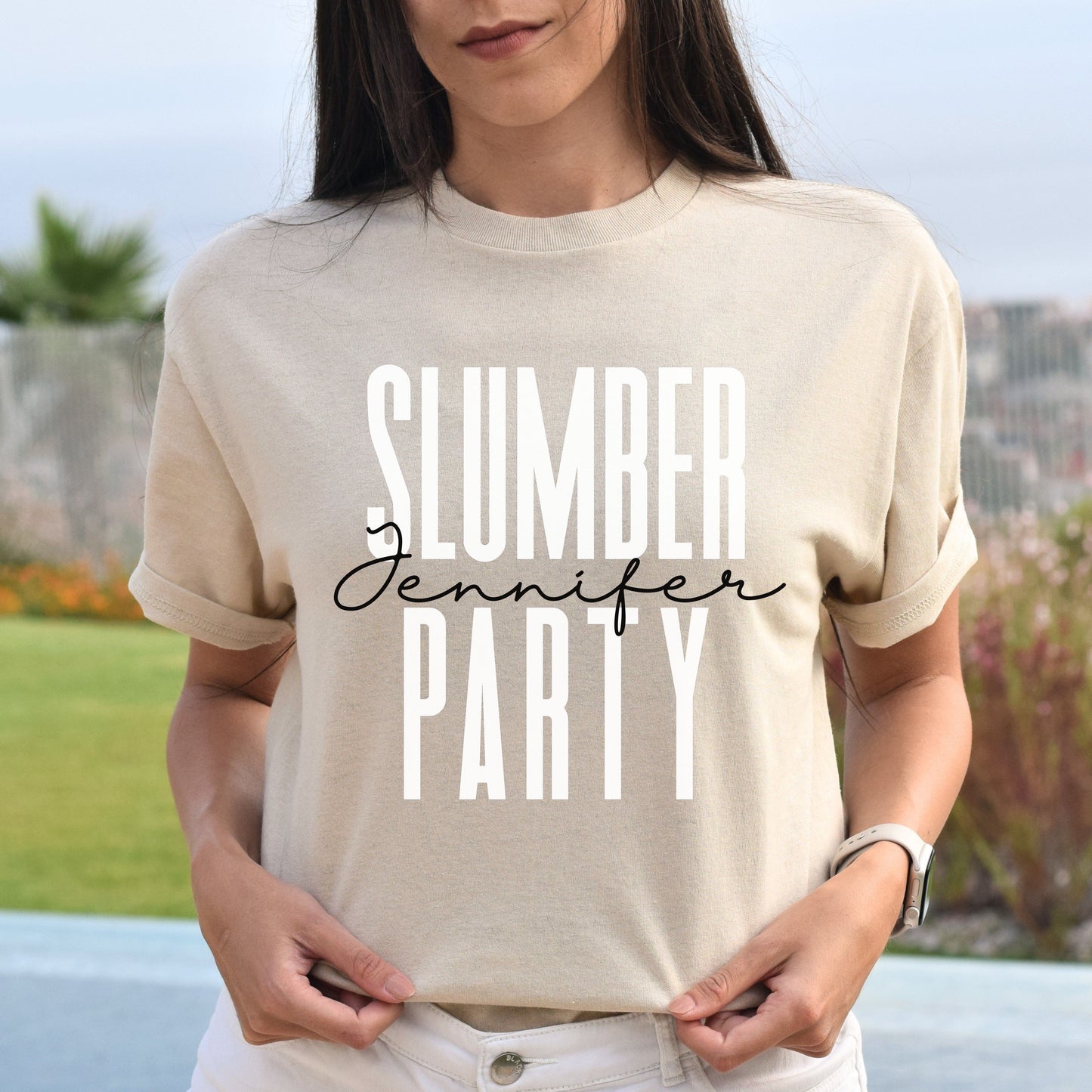 Personalized Slumber party T-shirt gift Custom name sleepover Birthday party Unisex Tee Sand Pink Light Blue-Sand-Family-Gift-Planet