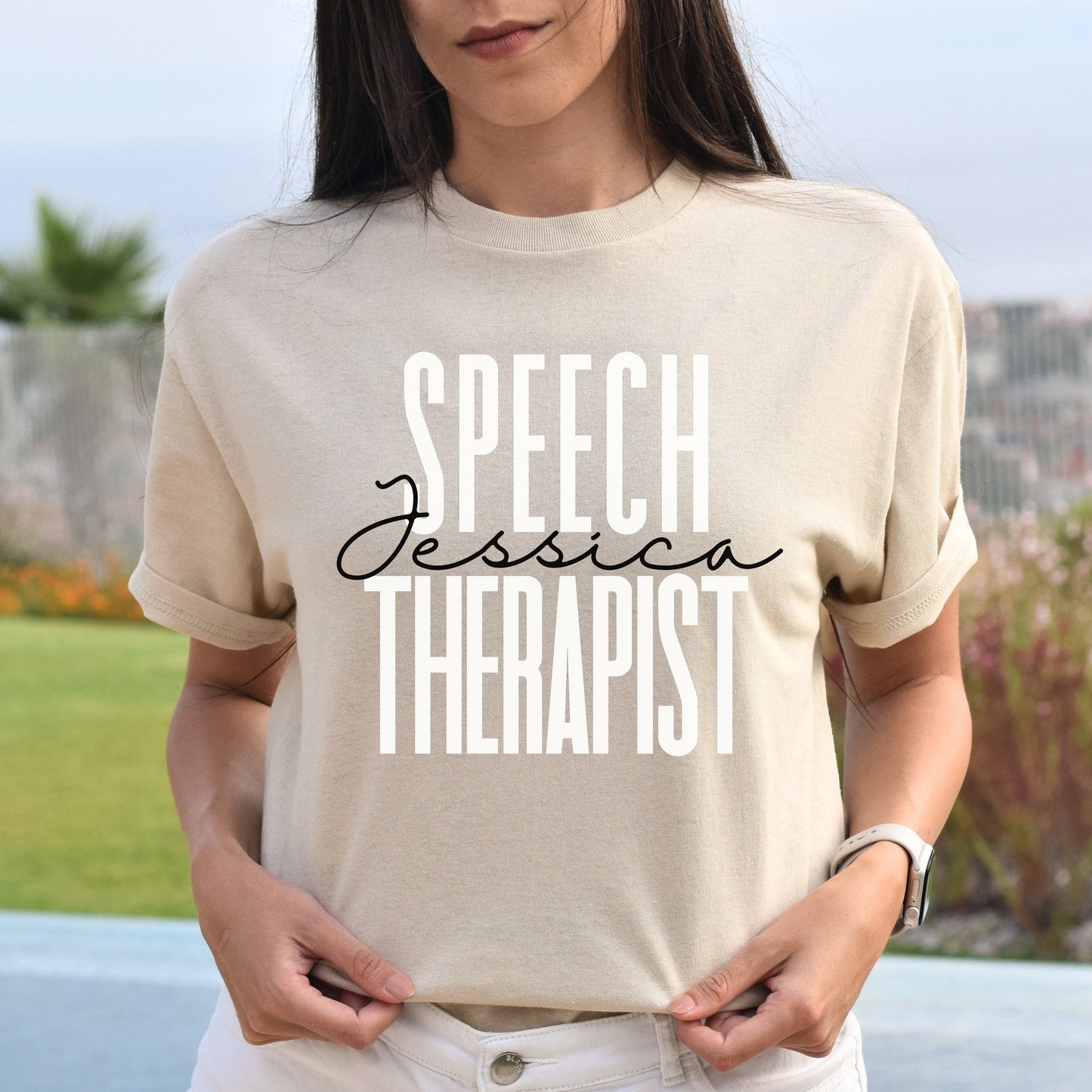Personalized Speech therapist T-shirt gift Custom name SLP Speech Language Pathologist Unisex Tee Sand Pink Light Blue-Sand-Family-Gift-Planet