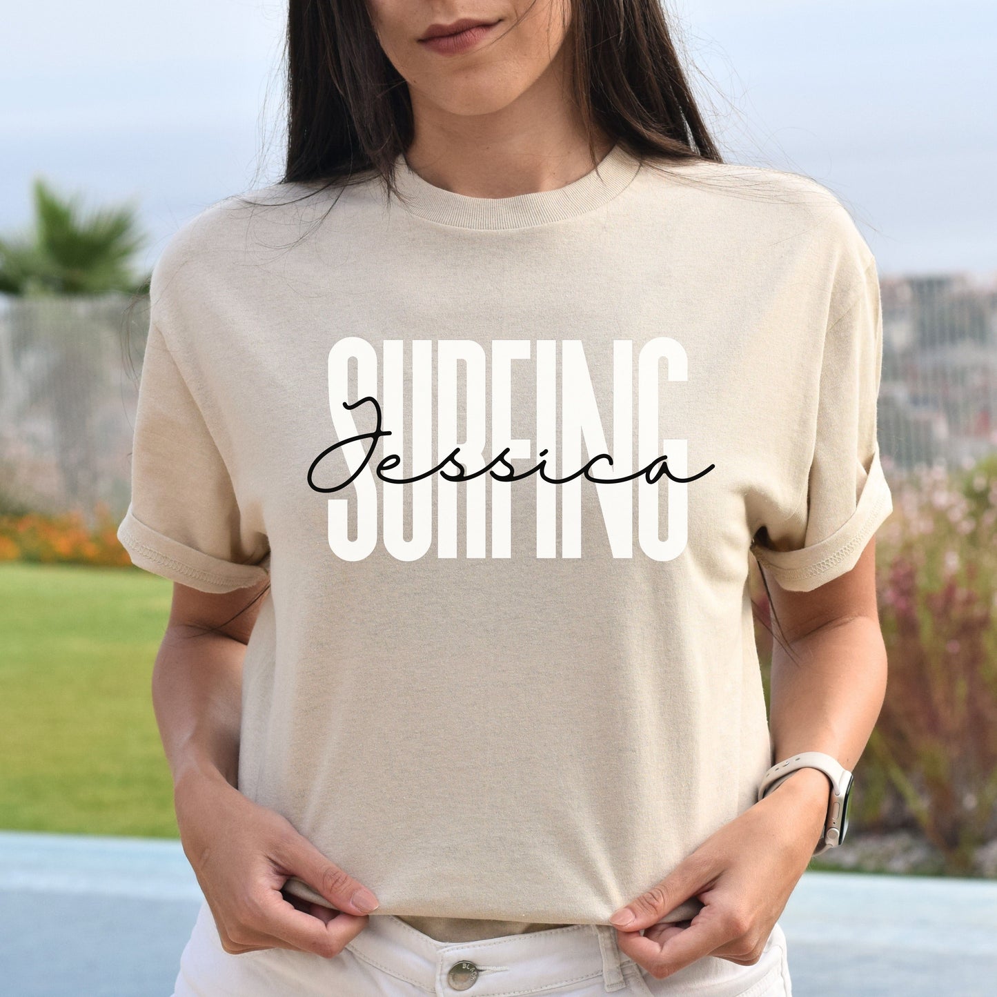 Personalized Surfing T-shirt gift Custom name Surfer surf lover Unisex Tee Sand Pink Light Blue-Sand-Family-Gift-Planet