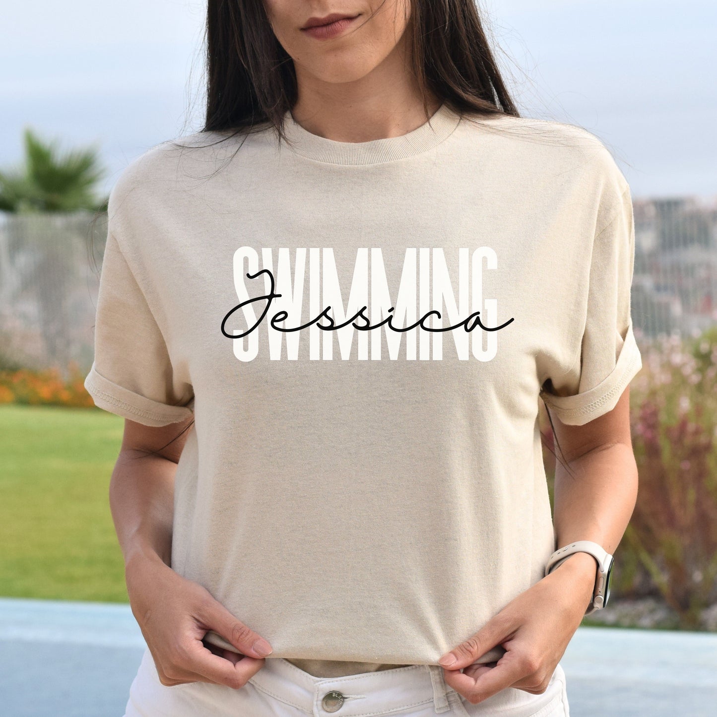 Personalized Swimming T-shirt gift Custom name swim Unisex Tee Sand Pink Light Blue-Sand-Family-Gift-Planet