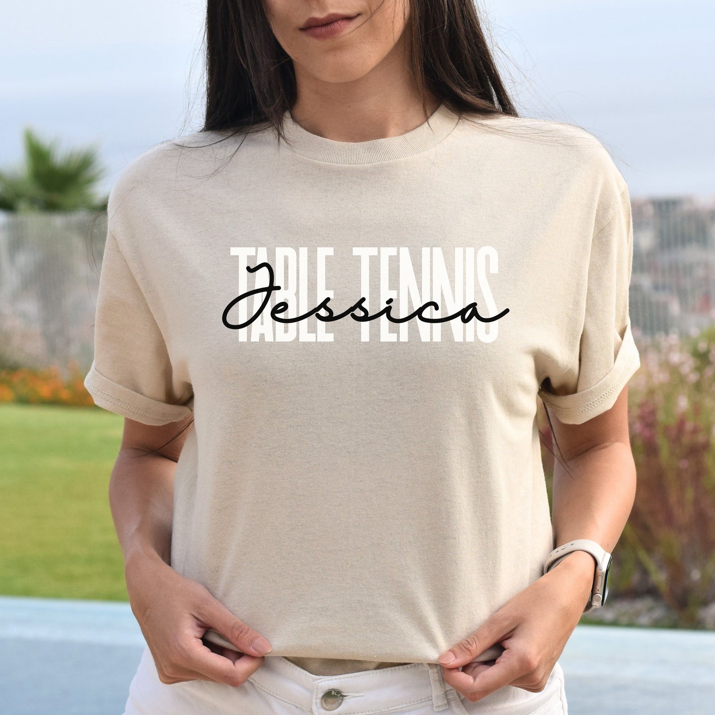 Personalized Table tennis T-shirt gift Custom name Table tennis coach Unisex Tee Sand Pink Light Blue-Sand-Family-Gift-Planet