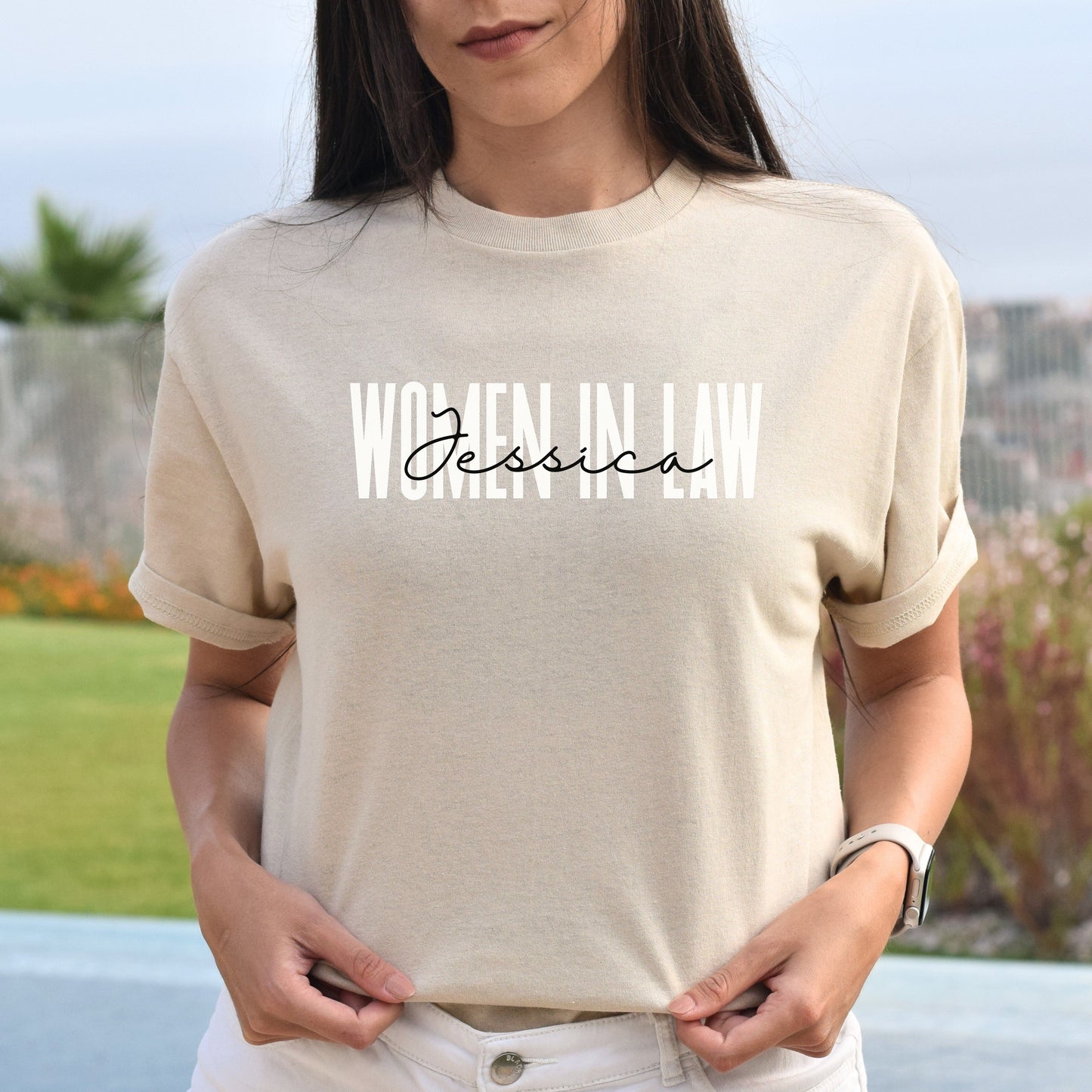 Personalized Women in law T-shirt gift Custom name Lawyer Attorney Unisex Tee Sand Pink Light Blue-Sand-Family-Gift-Planet