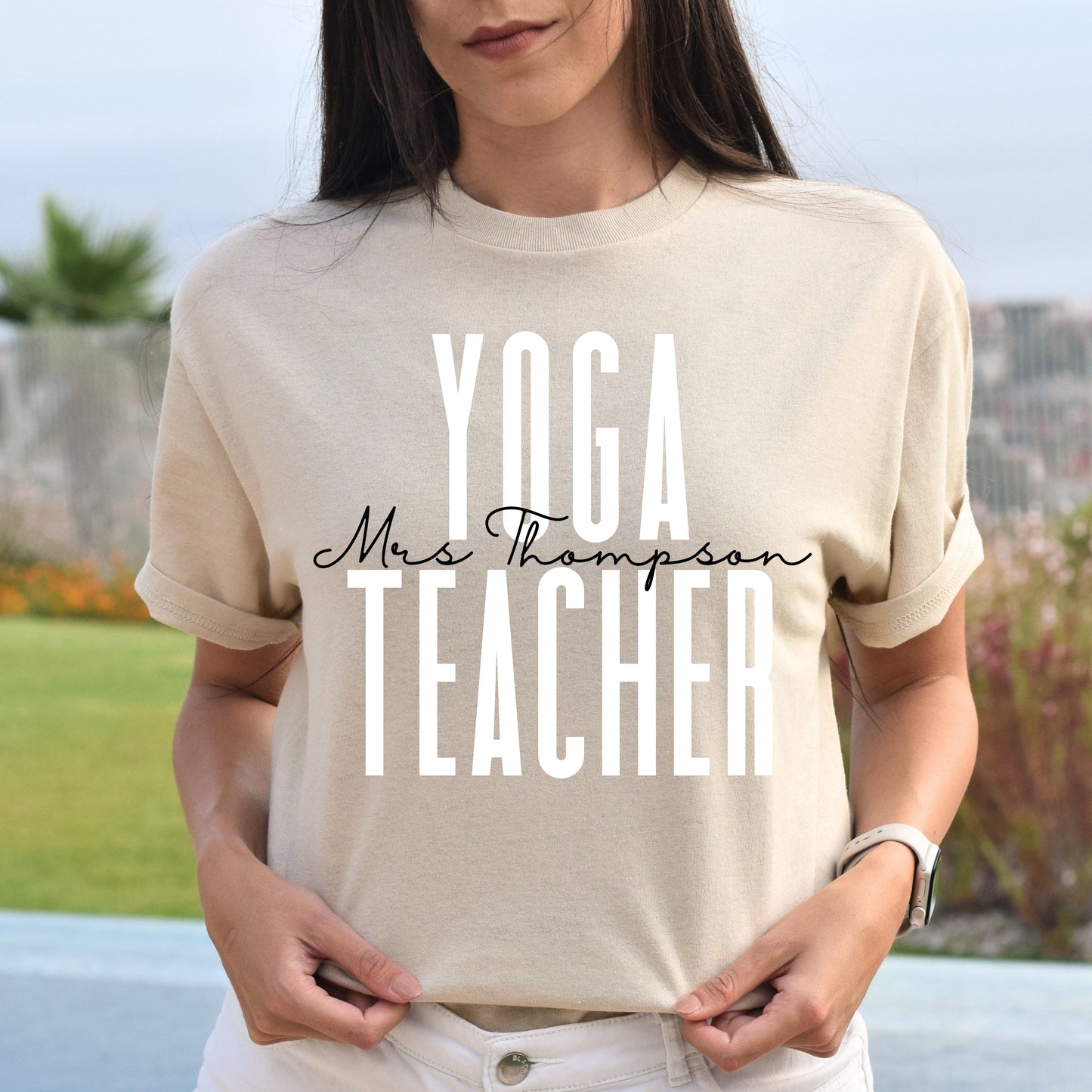 Personalized Yoga Teacher Unisex T-shirt gift for yoga instructor Sand Pink Light Blue-Sand-Family-Gift-Planet