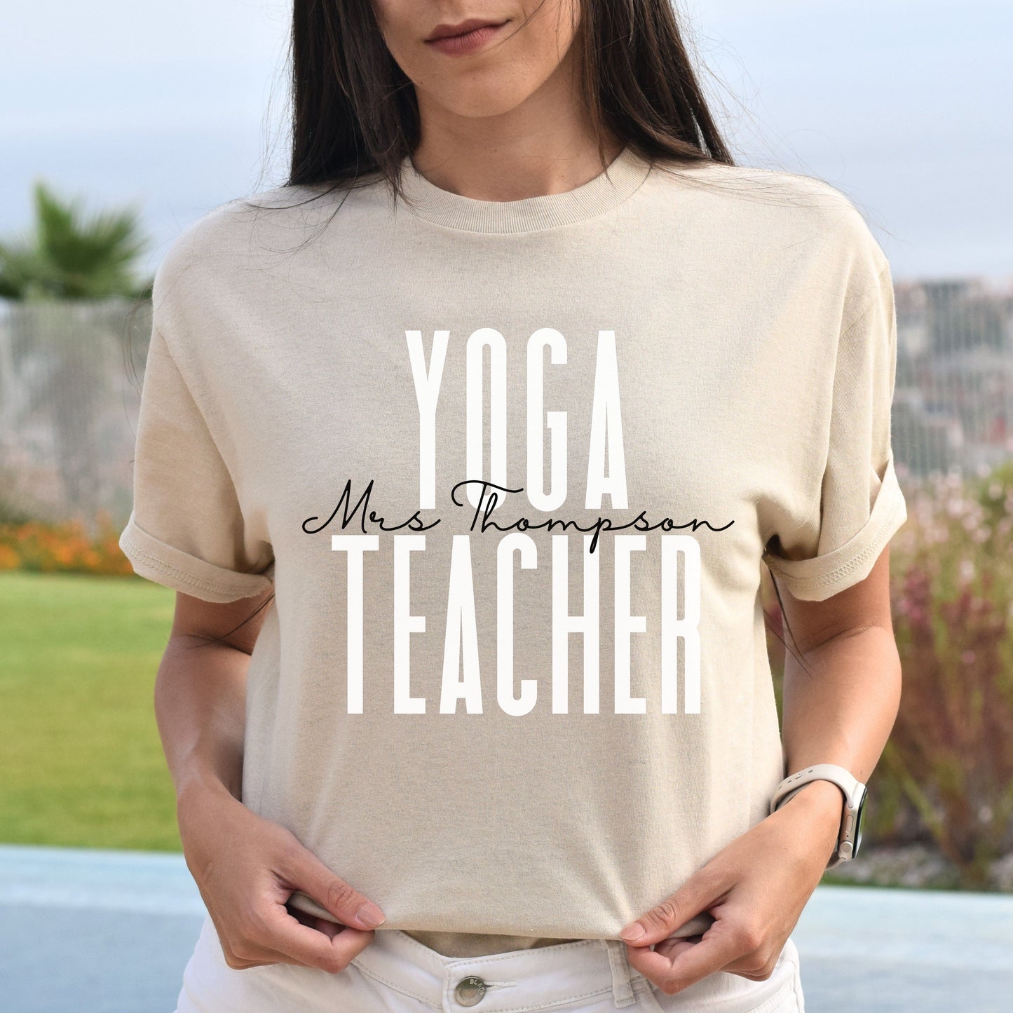 Personalized Yoga teacher T-shirt gift Custom name gym yoga educator Unisex Tee Sand Pink Light Blue-Sand-Family-Gift-Planet