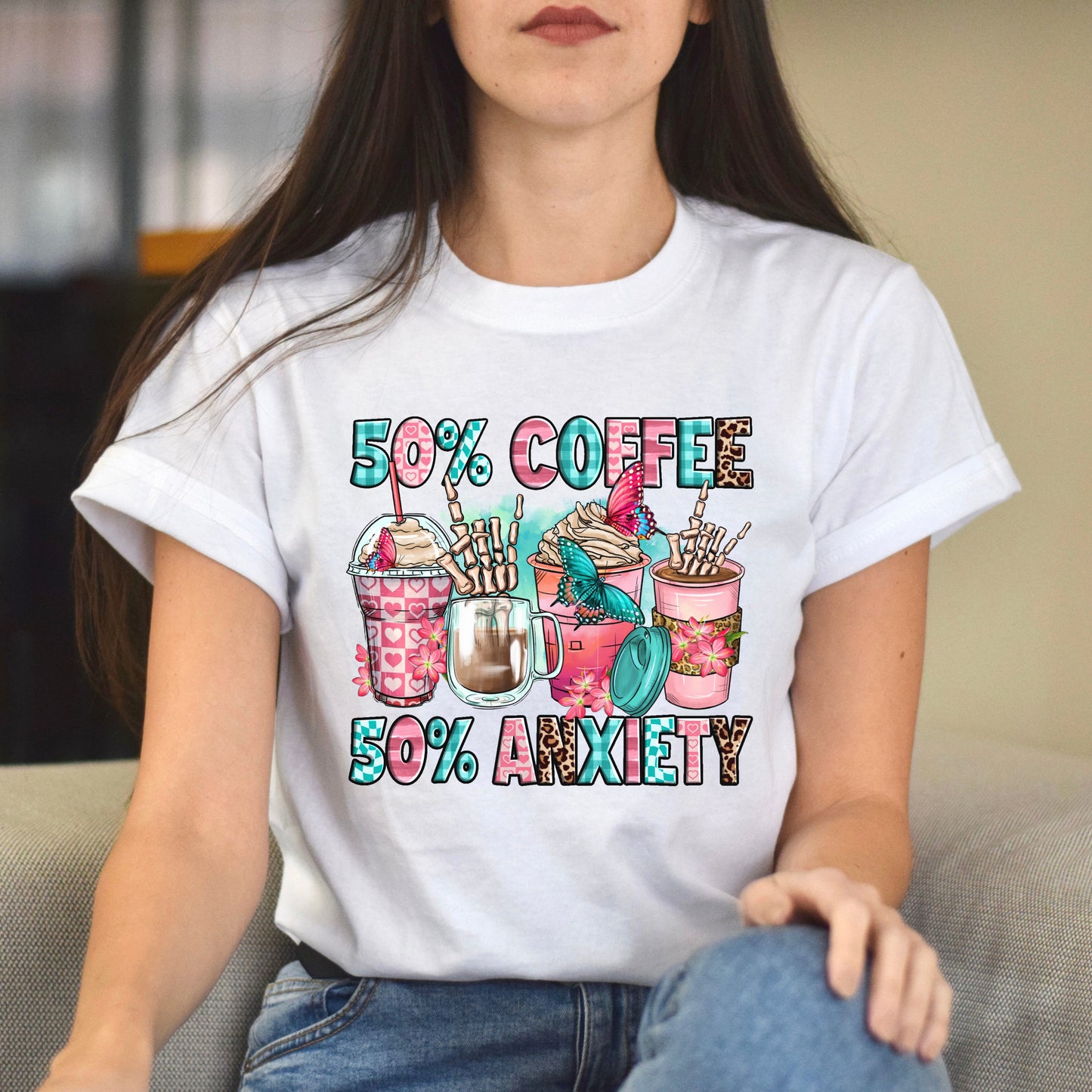 50% coffee 50% anxiety unisex tshirt S-5XL-Family-Gift-Planet
