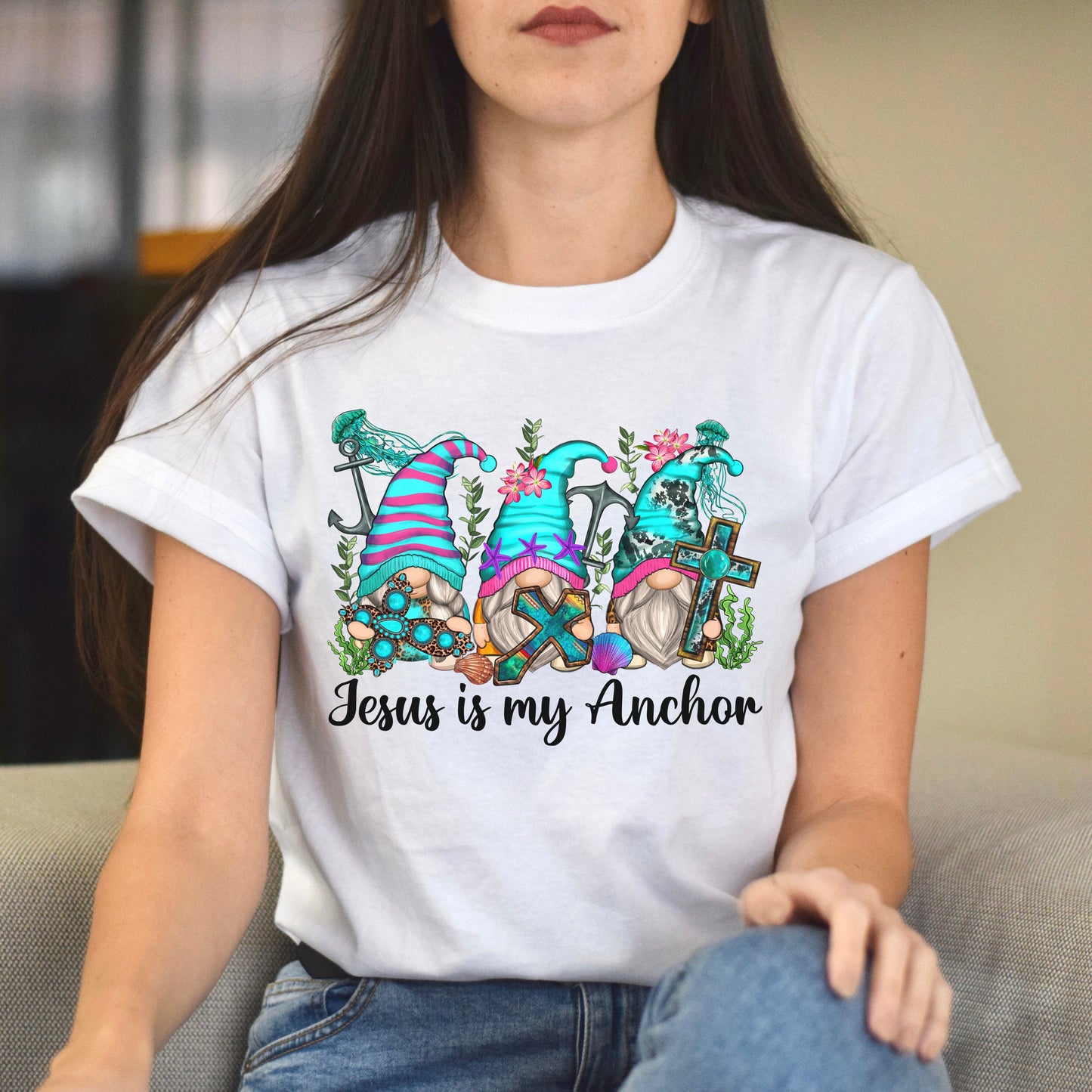 Jesus is my anchor Gnomes Unisex shirt Christians Christmas gift White Sand-White-Family-Gift-Planet