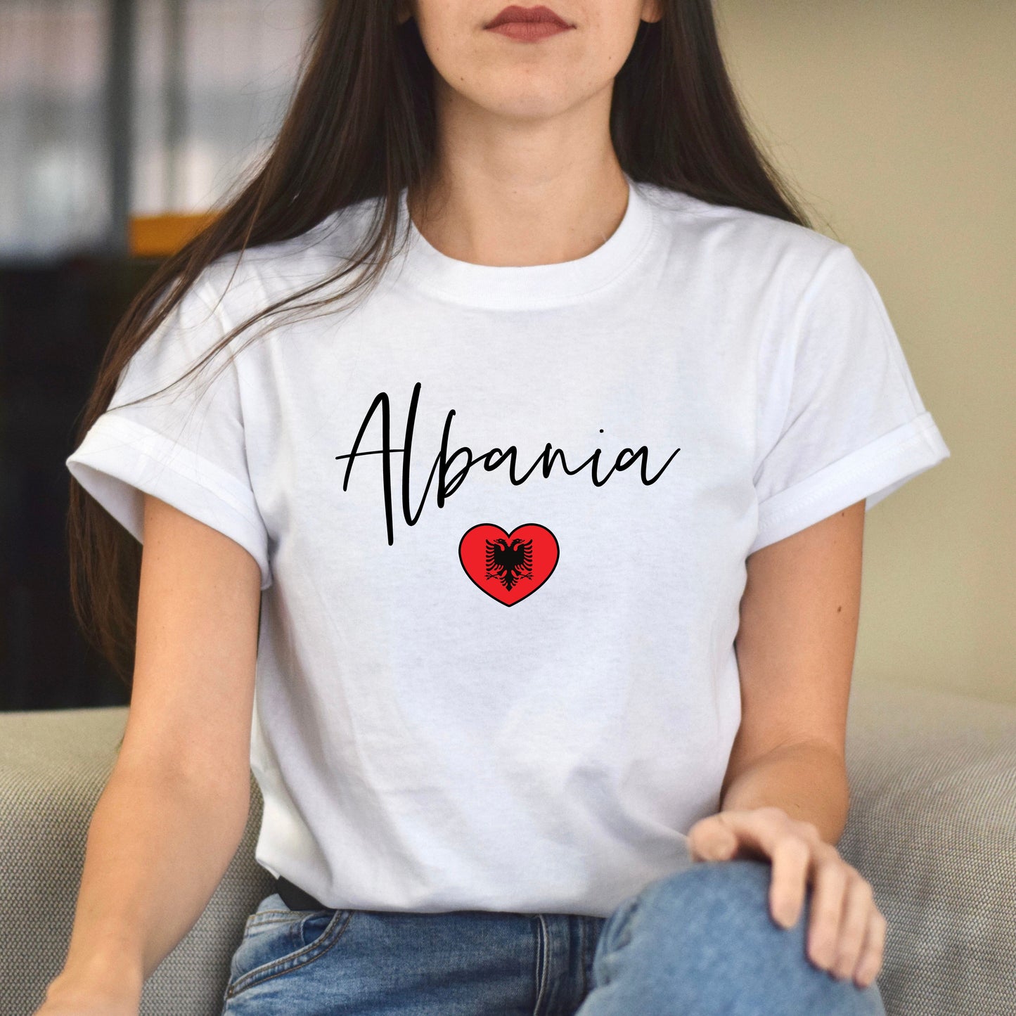 Albania flag heart Unisex T-shirt Albania love tee White Sand Blue-White-Family-Gift-Planet