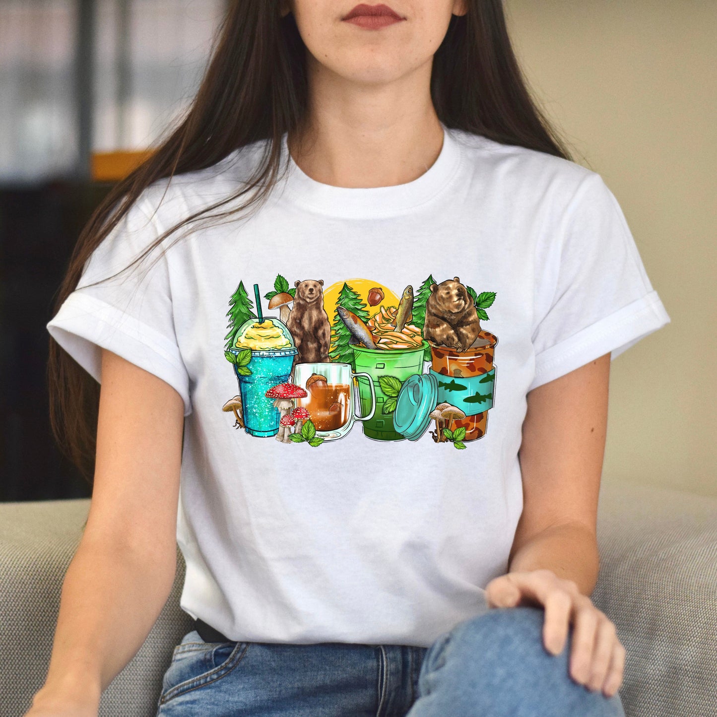 Bear and coffee cups unisex tshirt forest hunter tee S-5XL-Family-Gift-Planet