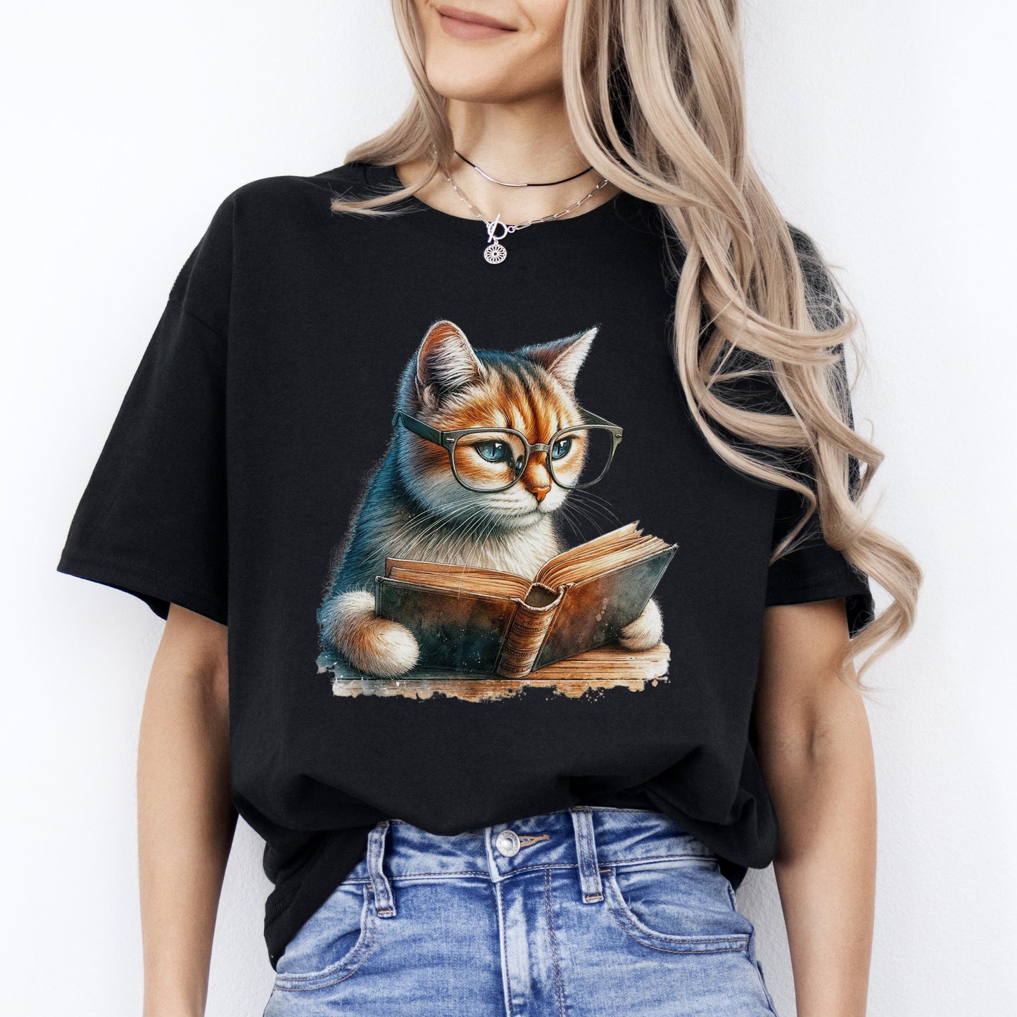 Cat reading book T-Shirt Reader book worm reading teacher Unisex tee Black Navy Dark Heather-Black-Family-Gift-Planet