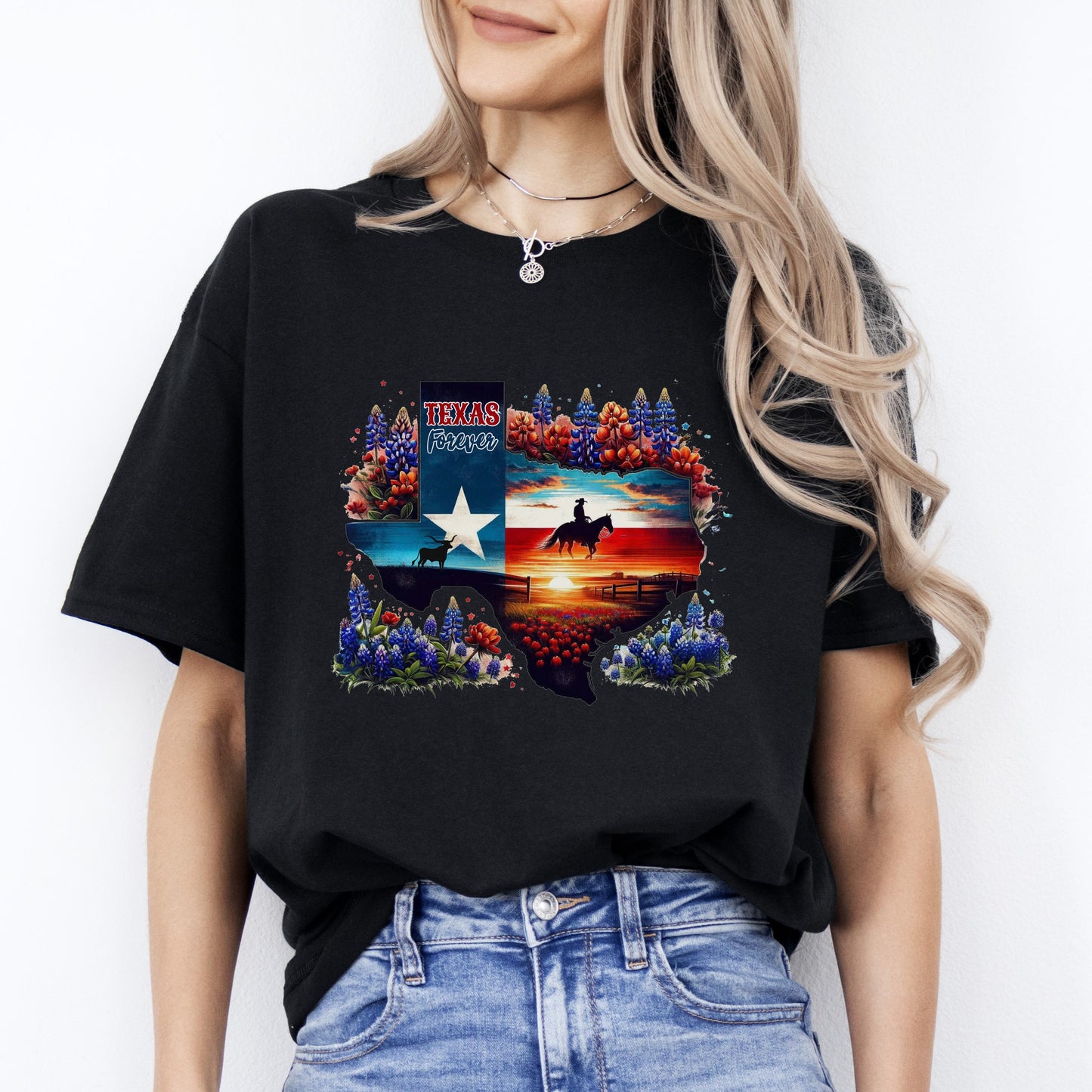 Texas Forever T-Shirt Texas state flag lupin flowers Unisex tee Black Navy Dark Heather-Black-Family-Gift-Planet