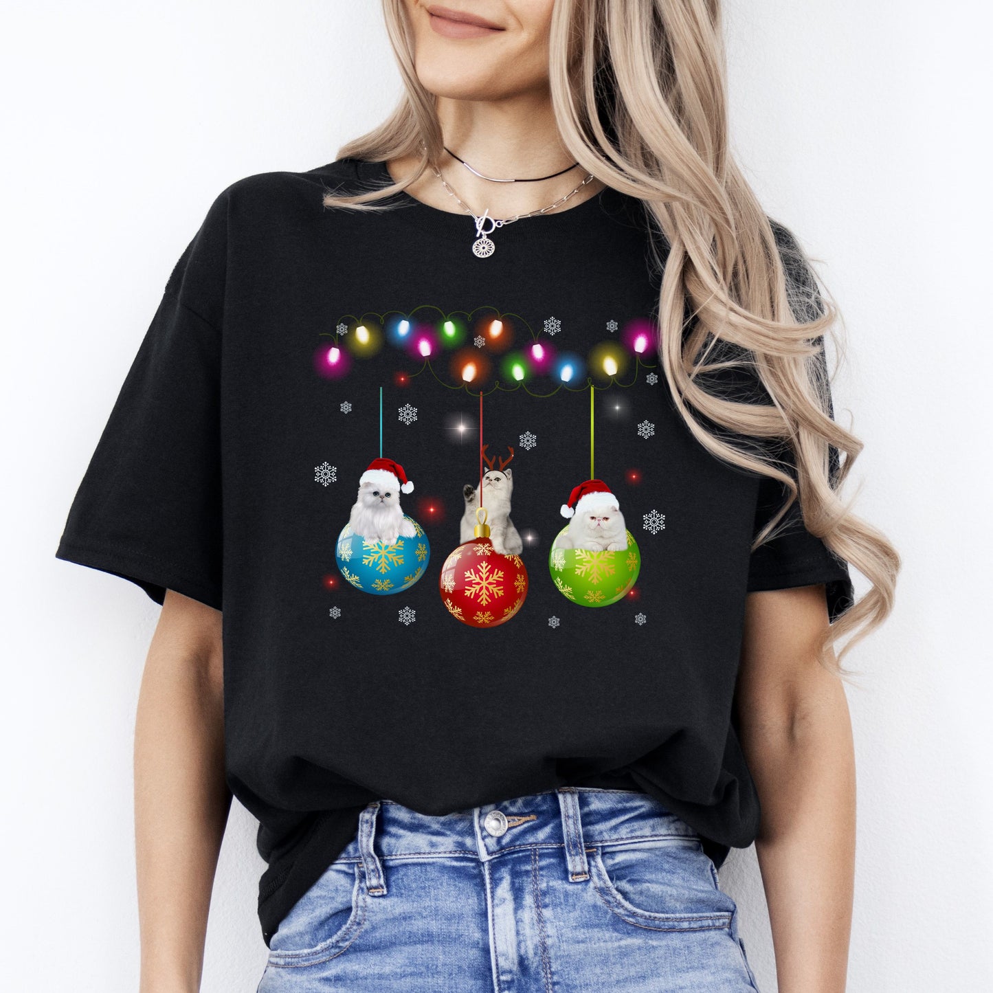 Cat Christmas T-Shirt gift Christmas tree lamps Cat mom Unisex Tee Black Navy Dark Heather-Family-Gift-Planet