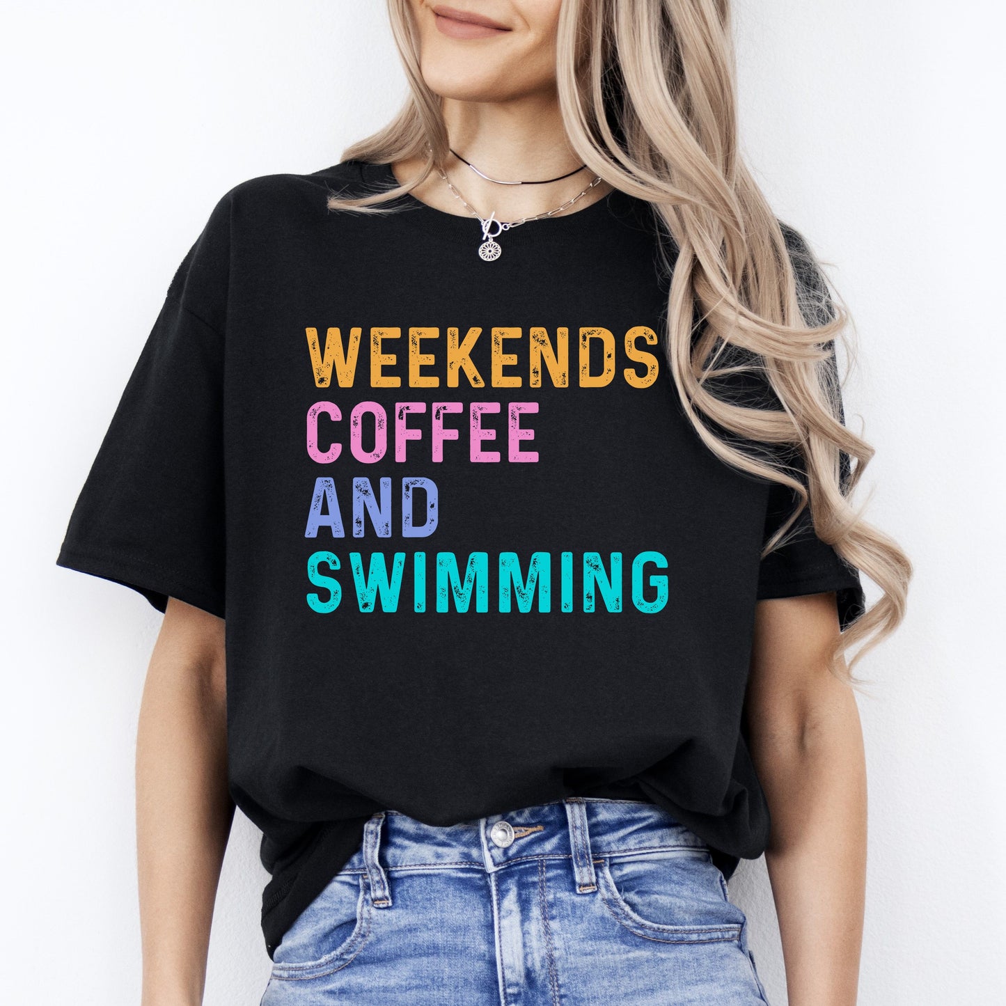 Weekends coffee and swimming T-Shirt Swimming lover swim Unisex tee Black Navy Dark Heather-Black-Family-Gift-Planet