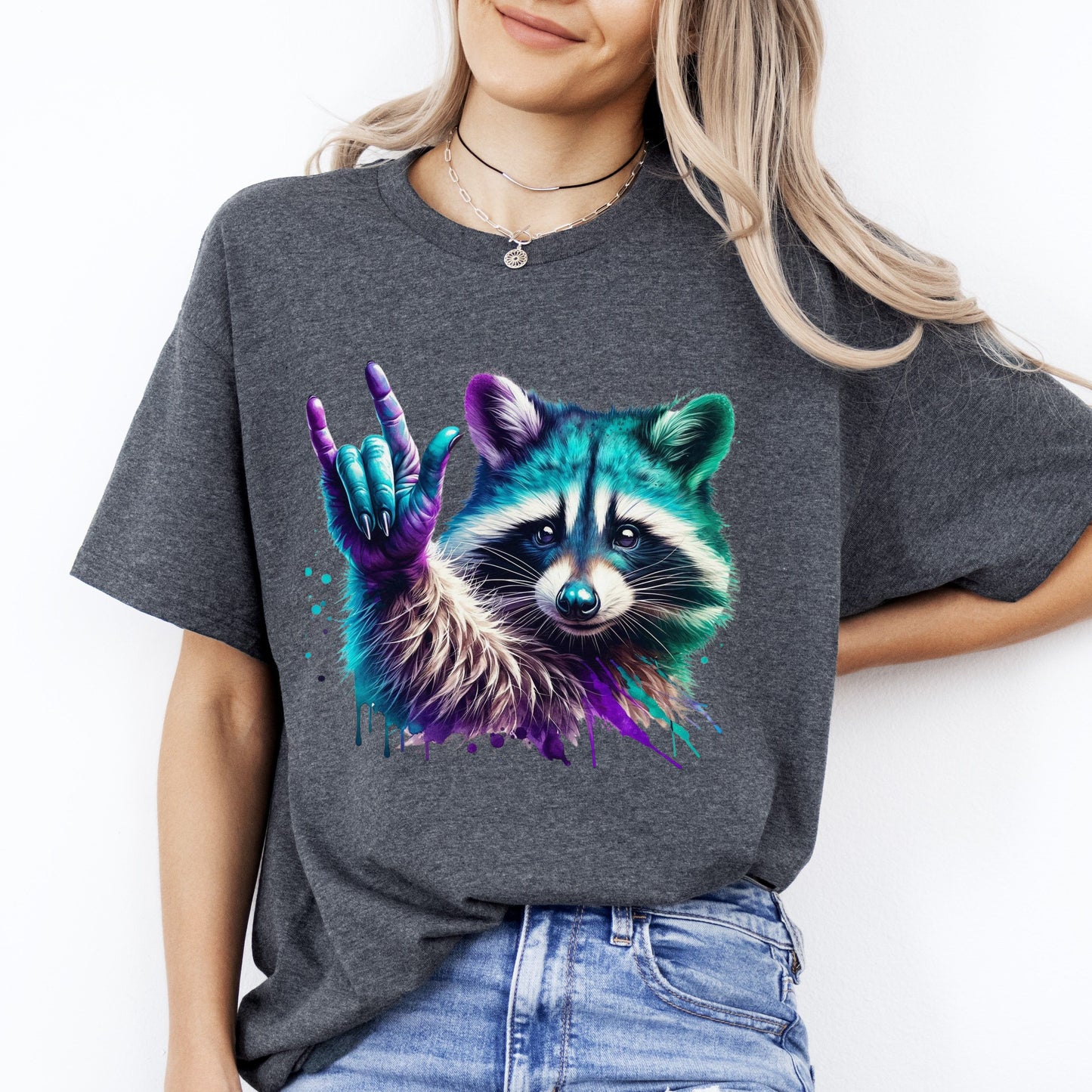 Cool Racoon T-Shirt gift Neon Racoon top-star Unisex tee Black Navy Dark Heather-Dark Heather-Family-Gift-Planet