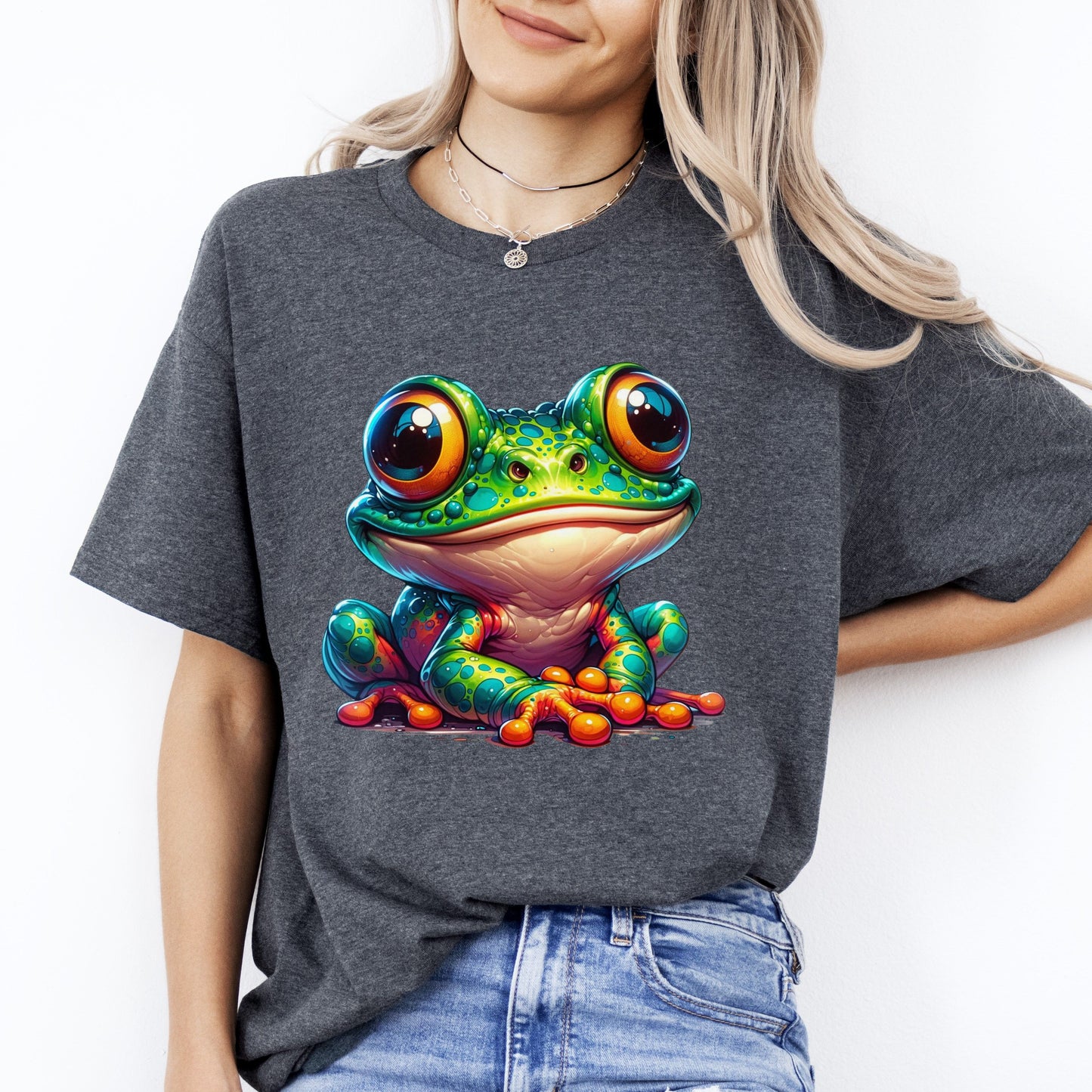 Cute Bright Frog T-Shirt gift Big eyes green frog Unisex tee Black Navy Dark Heather-Dark Heather-Family-Gift-Planet