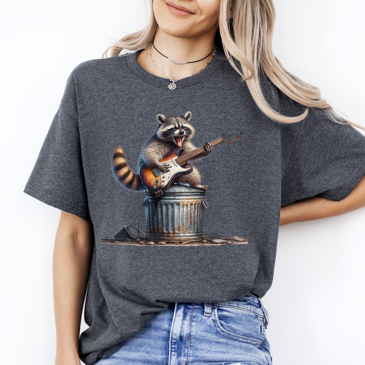 Racoon playing guitar T-Shirt Funny musician Unisex tee Black Navy Dark Heather-Dark Heather-Family-Gift-Planet