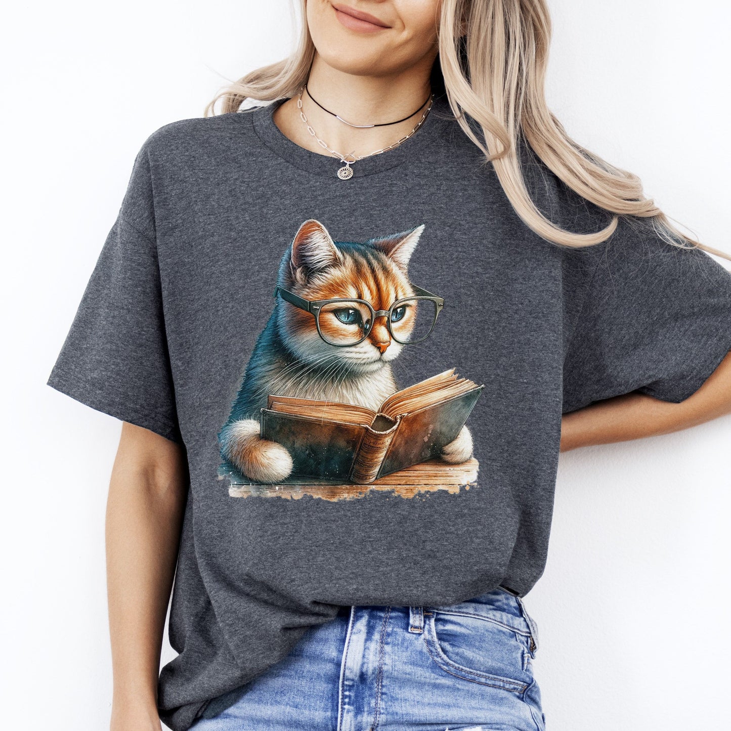 Cat reading book T-Shirt Reader book worm reading teacher Unisex tee Black Navy Dark Heather-Dark Heather-Family-Gift-Planet