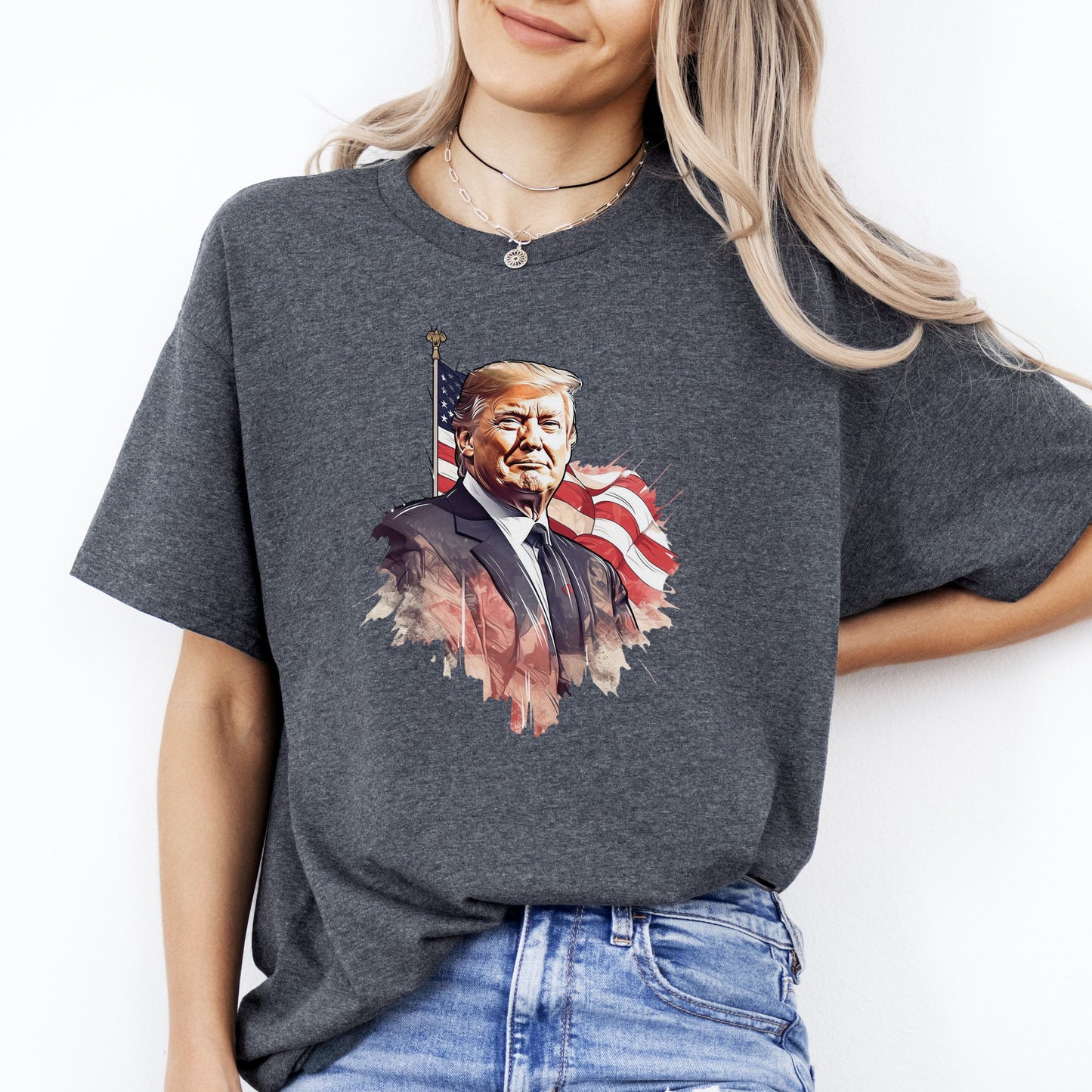 Stylish Donald Trump US flag T-Shirt American election Unisex tee Black Navy Dark Heather-Dark Heather-Family-Gift-Planet