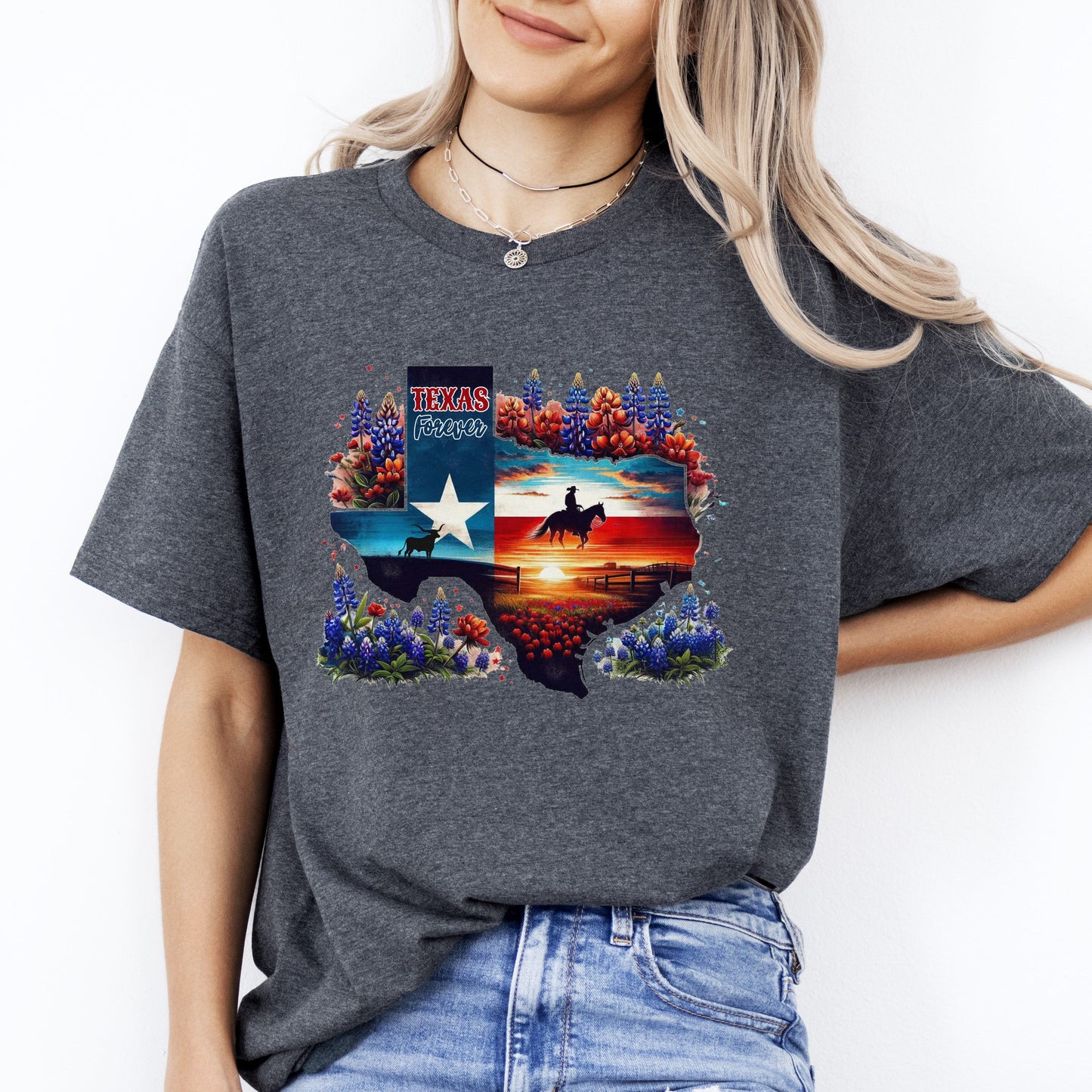 Texas Forever T-Shirt Texas state flag lupin flowers Unisex tee Black Navy Dark Heather-Dark Heather-Family-Gift-Planet