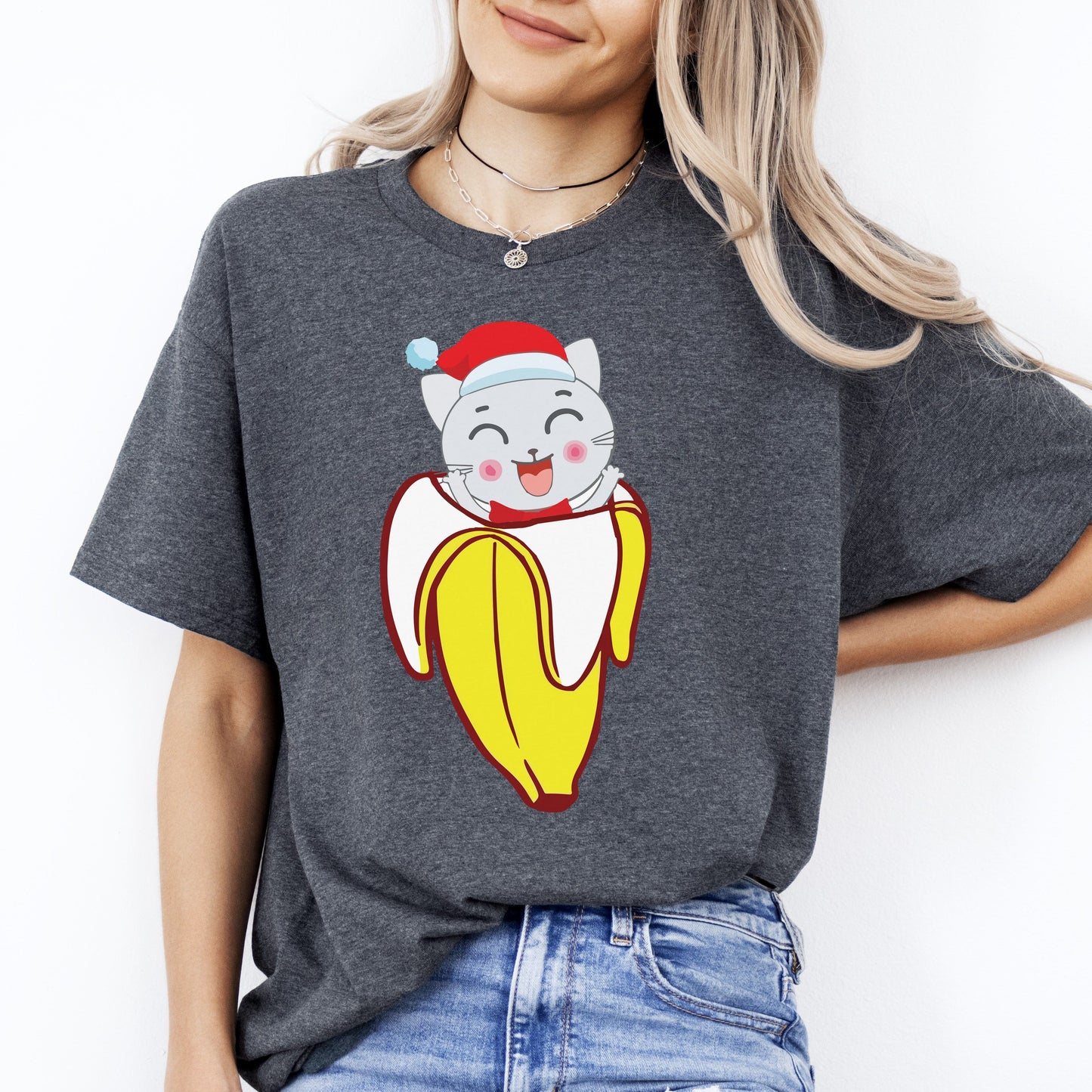 Banana Cat T-Shirt gift Christmas cat in banana Cat mom Unisex Tee Black Navy Dark Heather-Dark Heather-Family-Gift-Planet