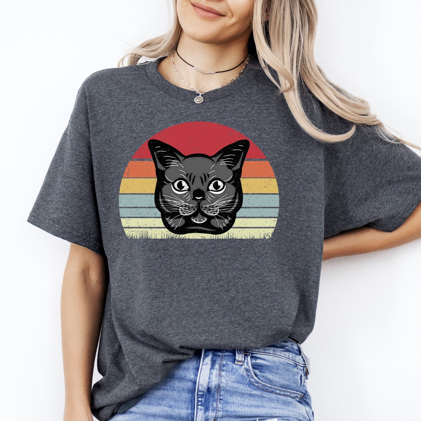 Cat Retro T-Shirt gift Trendy Black Cat mom cat dad Unisex Tee Black Navy Dark Heather-Dark Heather-Family-Gift-Planet