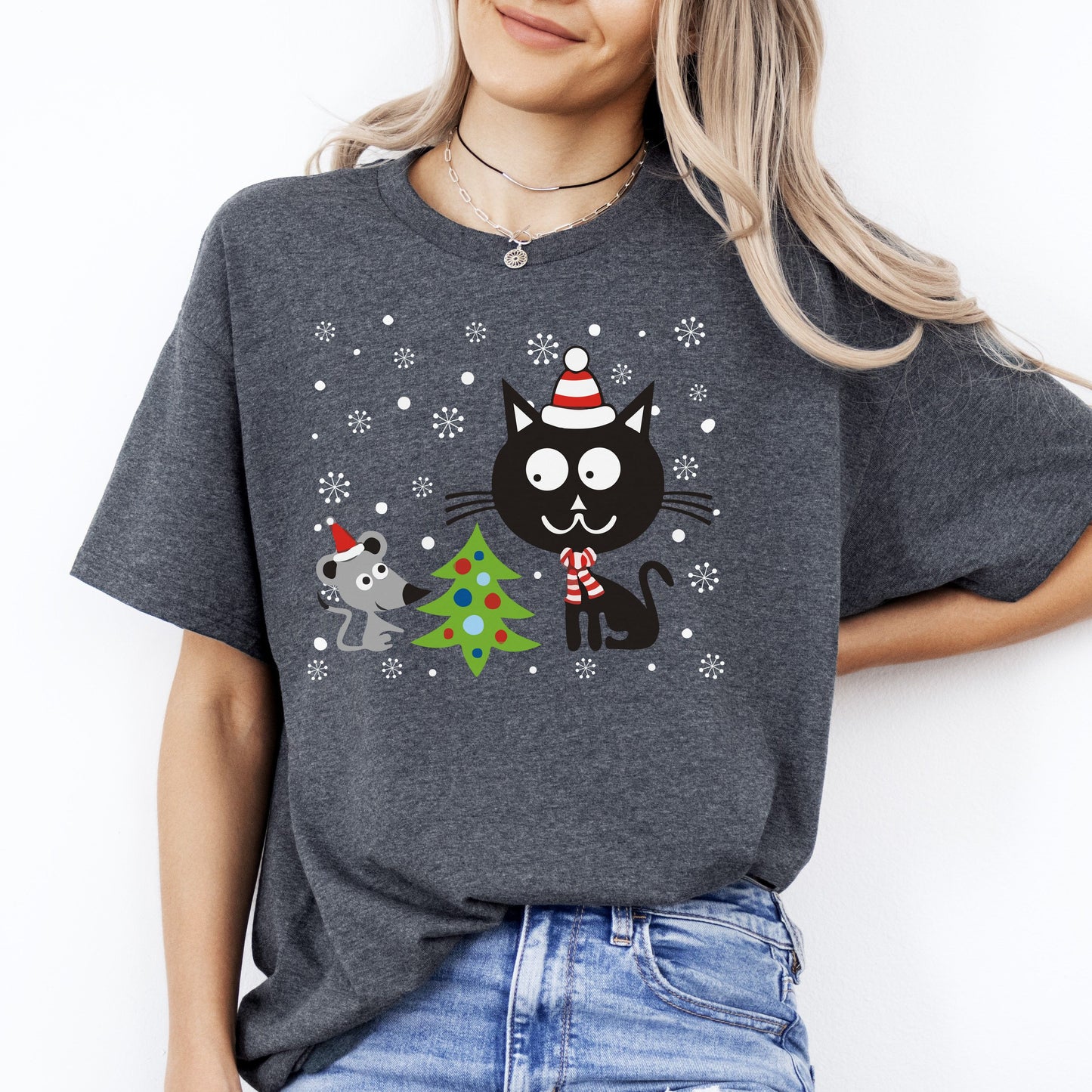 Cat and Mouse Christmas T-Shirt gift Show Cat mom Unisex Tee Black Navy Dark Heather-Dark Heather-Family-Gift-Planet
