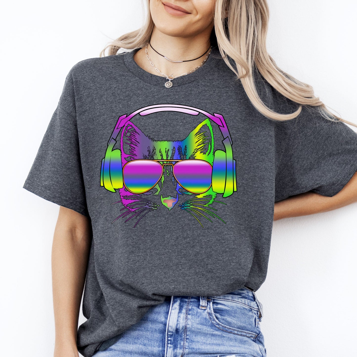 Cat headphone T-Shirt gift Neon Cat listen music cat mom Unisex Tee Black Navy Dark Heather-Dark Heather-Family-Gift-Planet