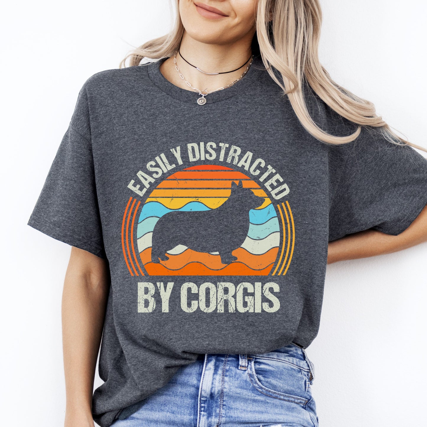 Easily distracted by corgis T-Shirt gift Retro Corgi Dog mom Unisex Tee Black Navy Dark Heather-Dark Heather-Family-Gift-Planet