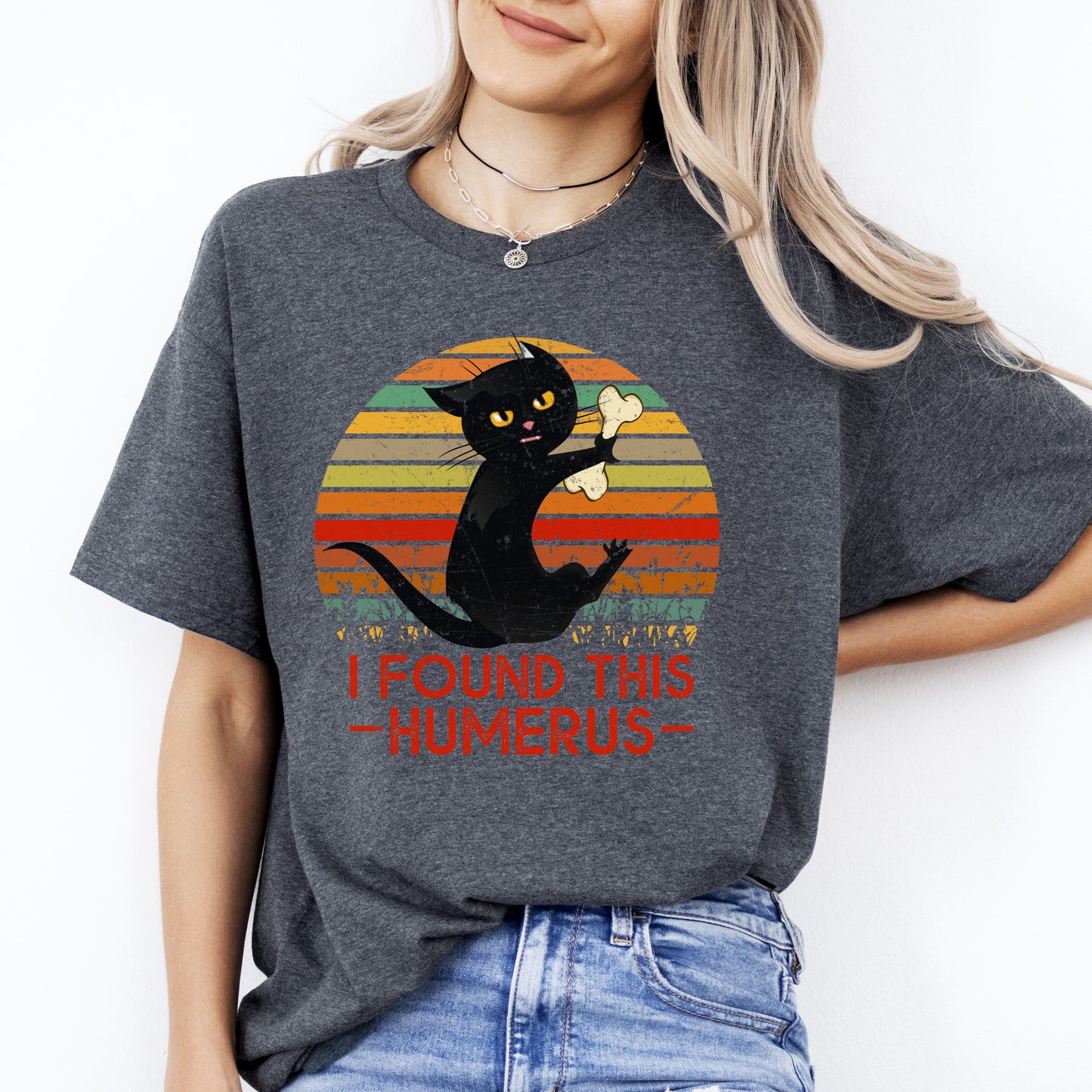 I found this humerus T-Shirt gift orthopedics Black Cat with bone Unisex Tee Black Navy Dark Heather-Dark Heather-Family-Gift-Planet