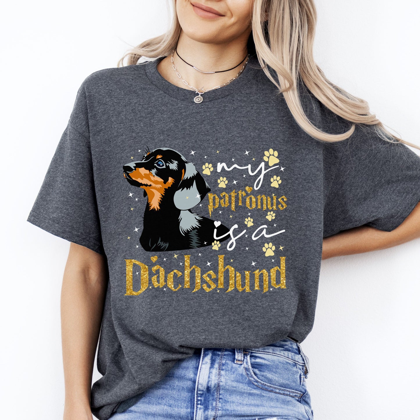 My patronus is a dachshund T-Shirt gift Dachshund Dog mom Unisex tee Black Navy Dark Heather-Dark Heather-Family-Gift-Planet