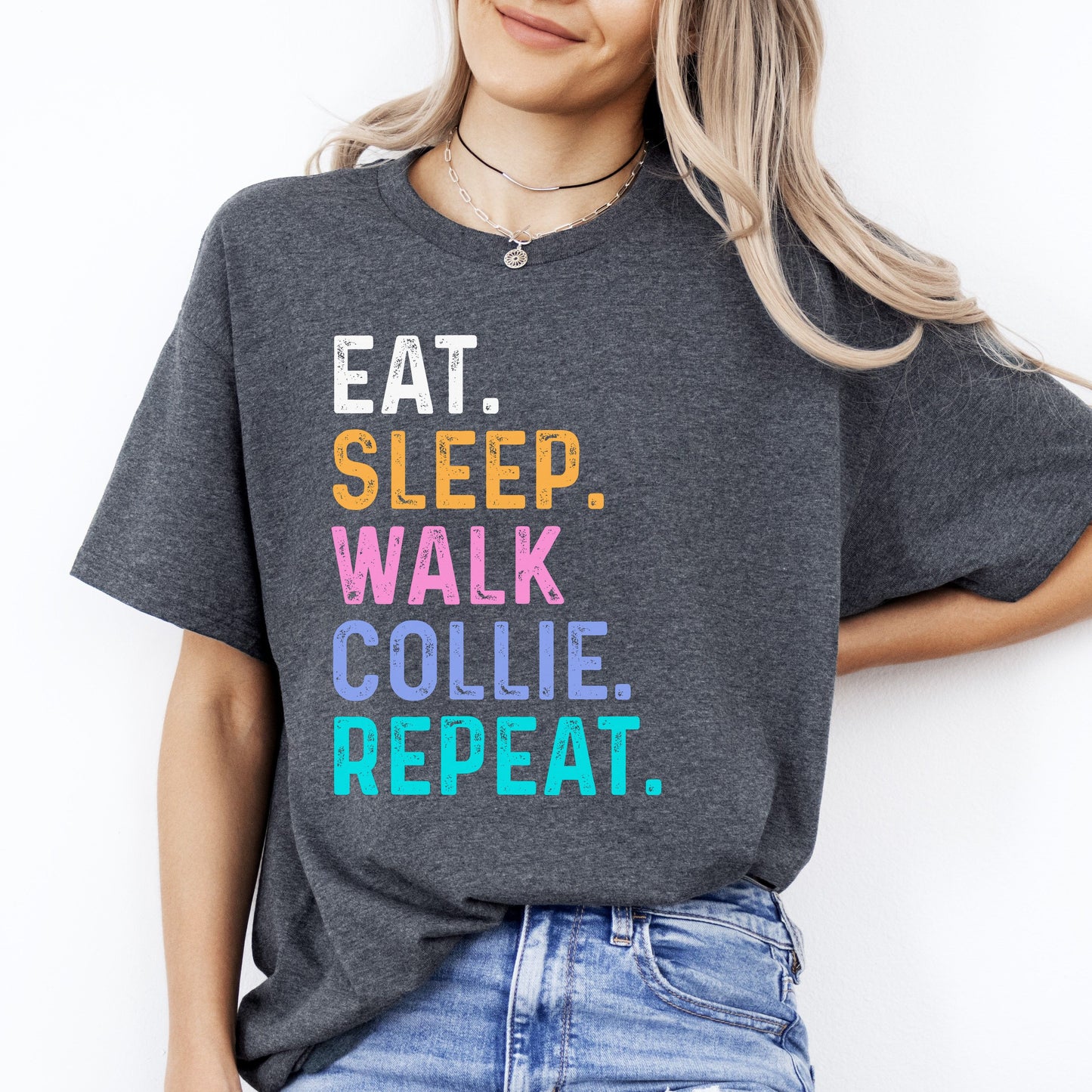 Collie Unisex T-Shirt Eat Sleep Walk Collie Repeat Collie Dog lover gift-Dark Heather-Family-Gift-Planet