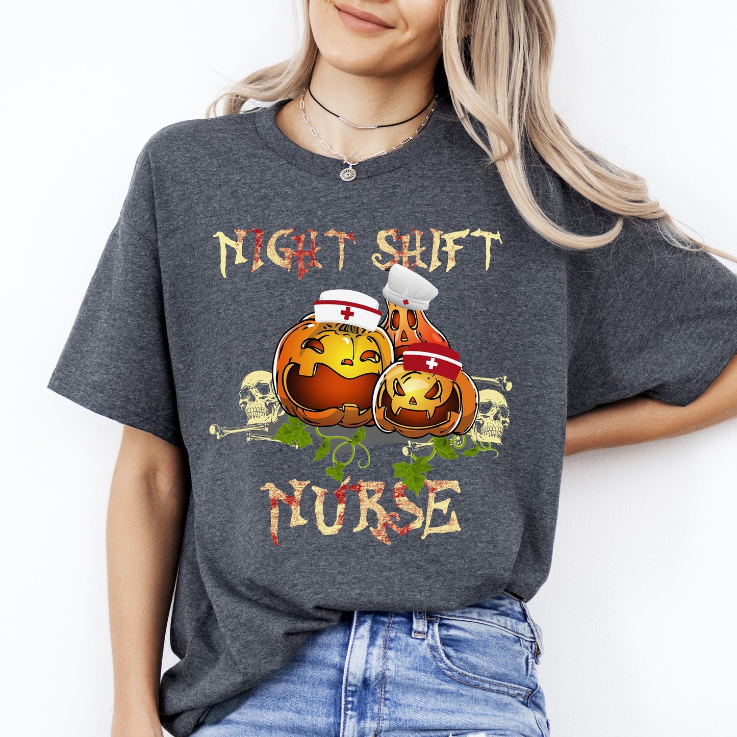 Night shift nurse Halloween Unisex T-Shirt Scary Spooky Night shift Registered nurse tee Black Dark Heather-Dark Heather-Family-Gift-Planet