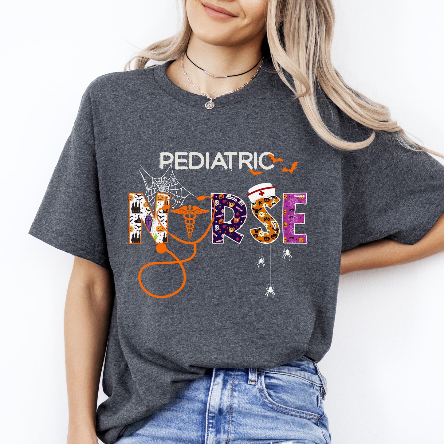 Pediatric nurse Halloween Unisex T-Shirt Scare Spooky PICU Peds nurse tee Black Dark Heather-Dark Heather-Family-Gift-Planet