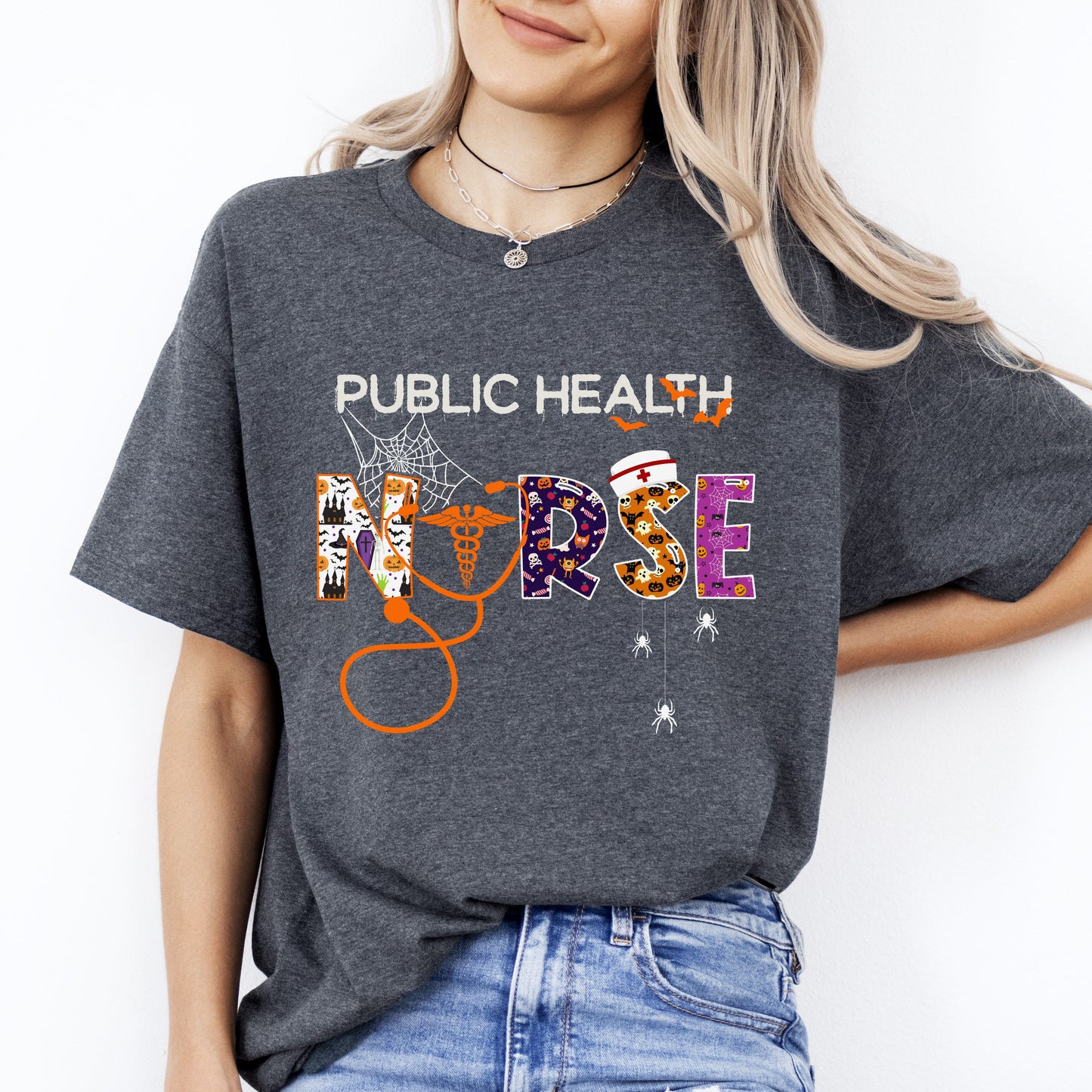 Public health nurse Halloween Unisex T-Shirt Scary Spooky Healthcare worker tee Black Dark Heather-Dark Heather-Family-Gift-Planet