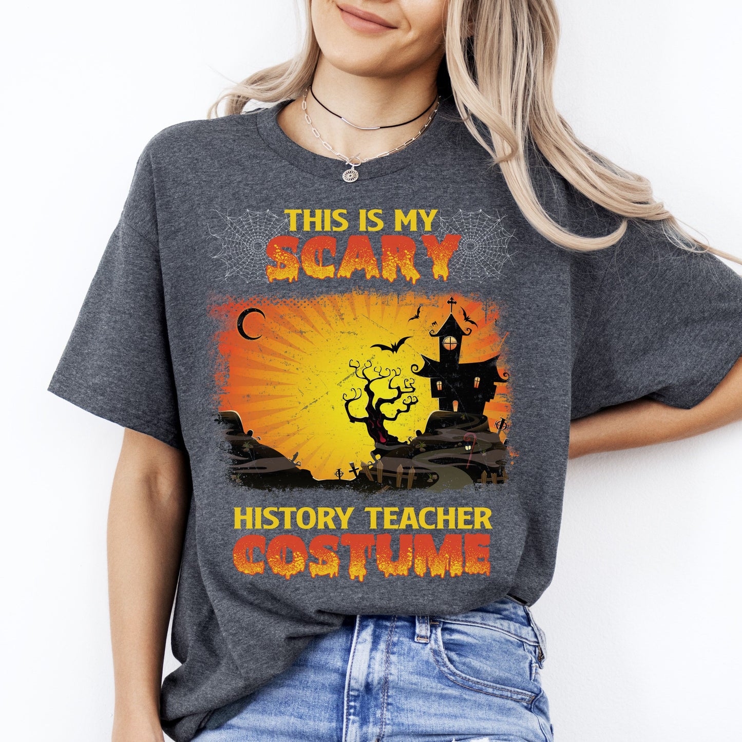 Scary History teacher Halloween Unisex T-Shirt Spooky Historian tee Black Dark Heather-Dark Heather-Family-Gift-Planet