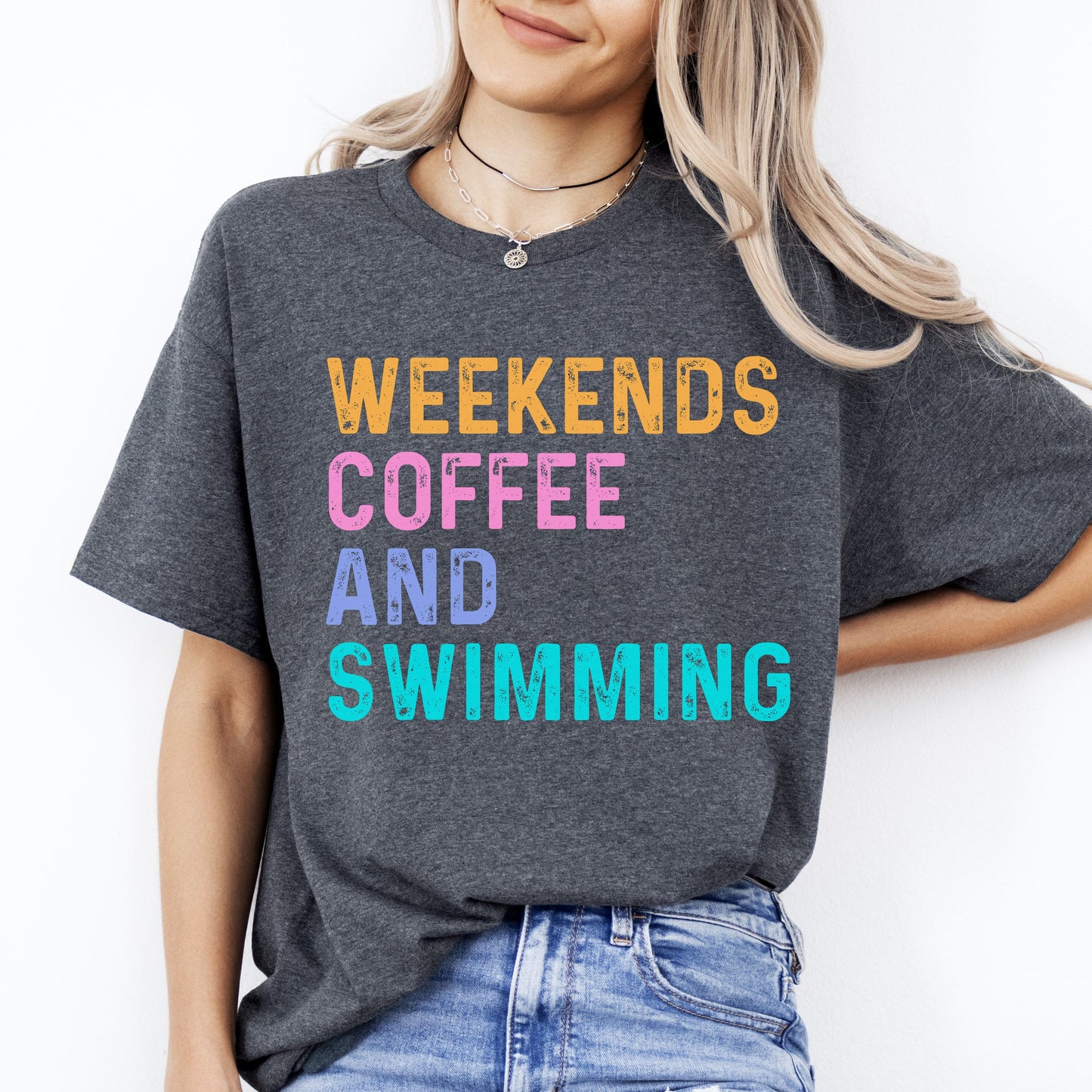 Weekends coffee and swimming T-Shirt Swimming lover swim Unisex tee Black Navy Dark Heather-Dark Heather-Family-Gift-Planet