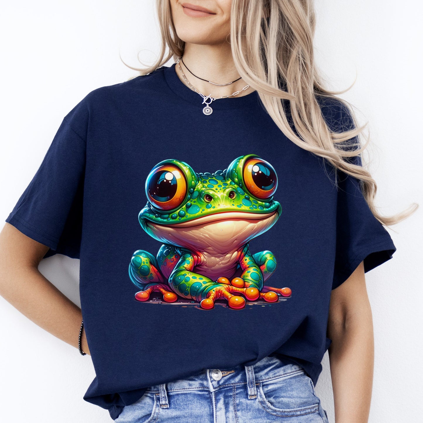Cute Bright Frog T-Shirt gift Big eyes green frog Unisex tee Black Navy Dark Heather-Navy-Family-Gift-Planet