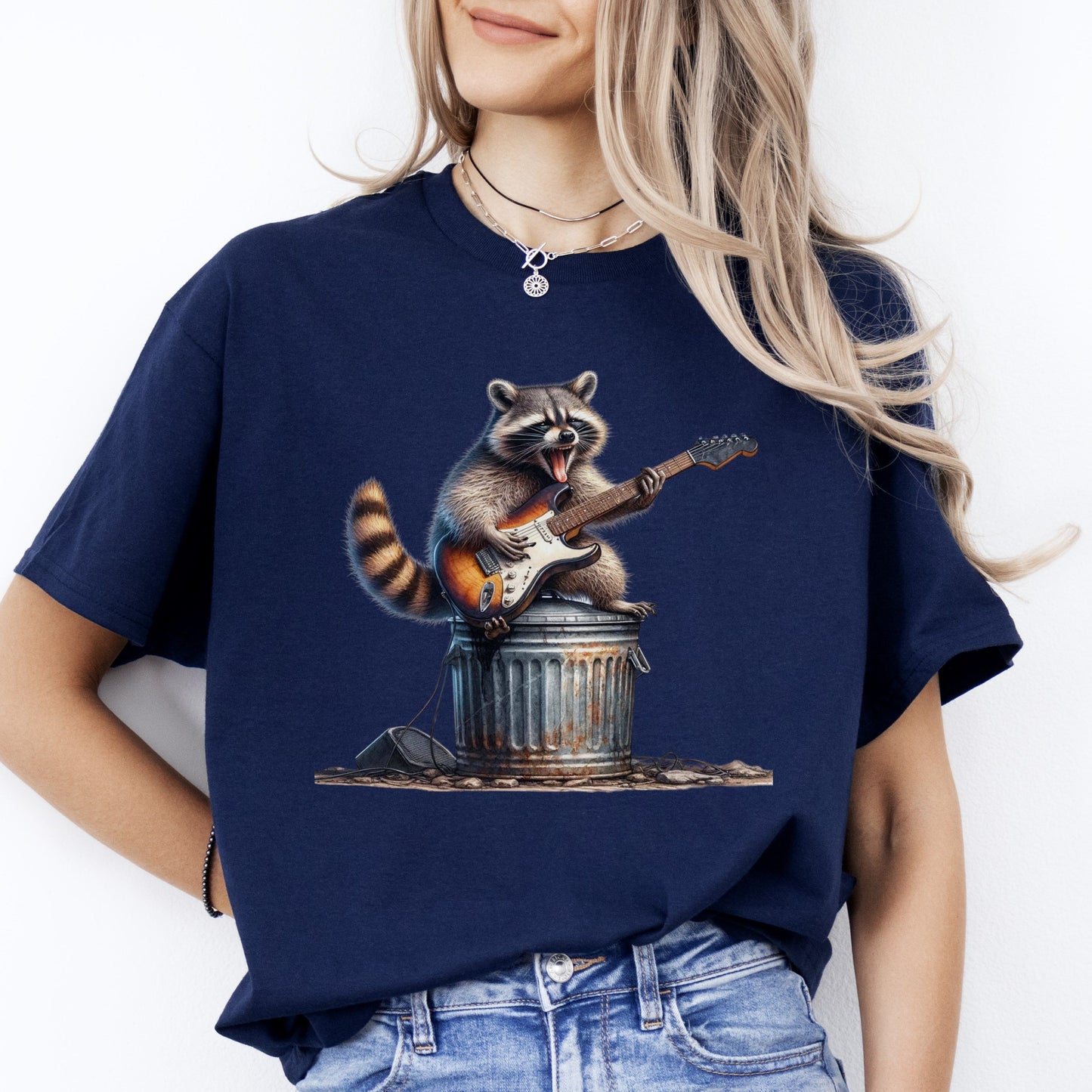 Racoon playing guitar T-Shirt Funny musician Unisex tee Black Navy Dark Heather-Navy-Family-Gift-Planet
